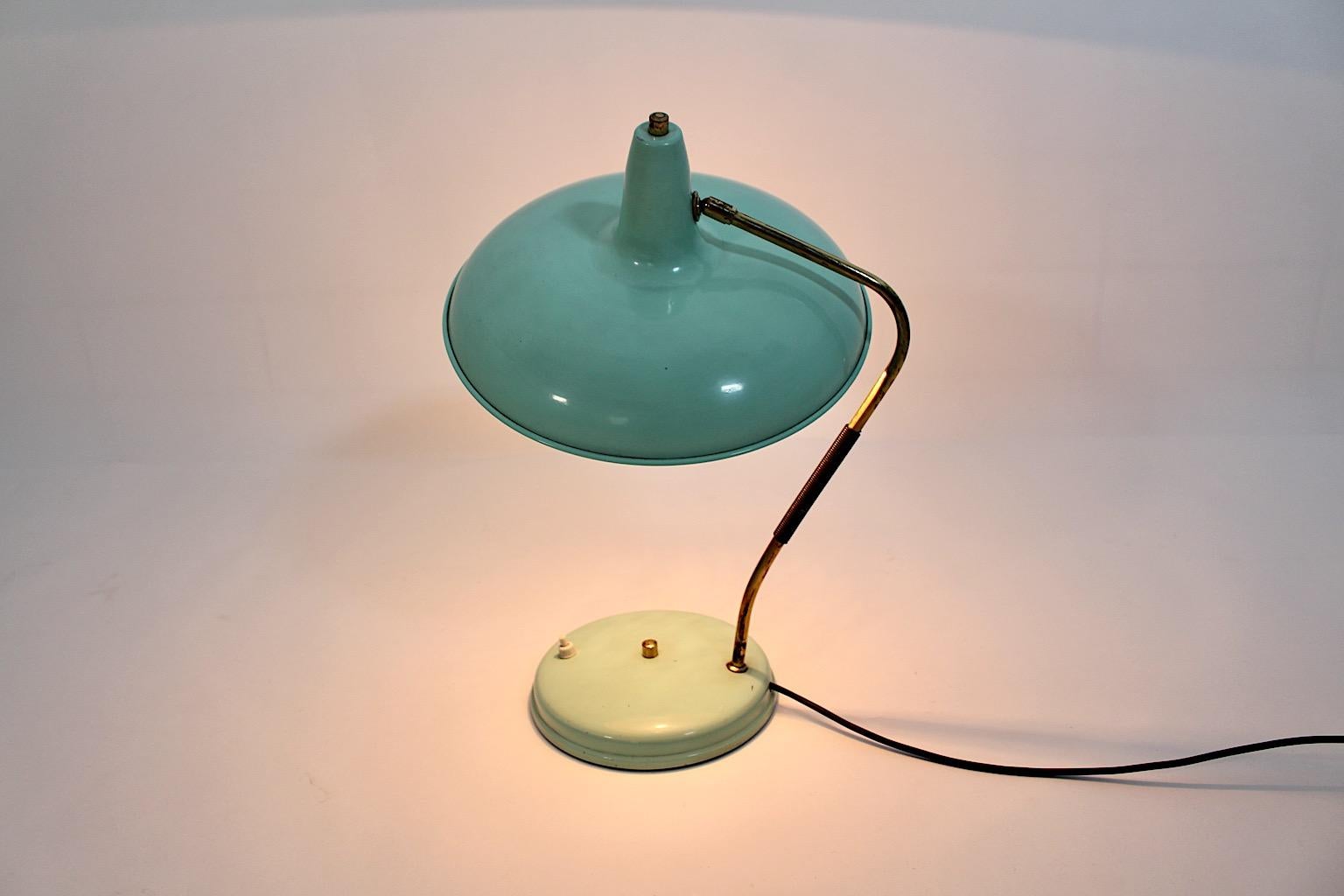 Mid-Century Modern Vintage Turquoise Metal Brass Table Lamp Stilnovo 1950s Italy In Good Condition For Sale In Vienna, AT