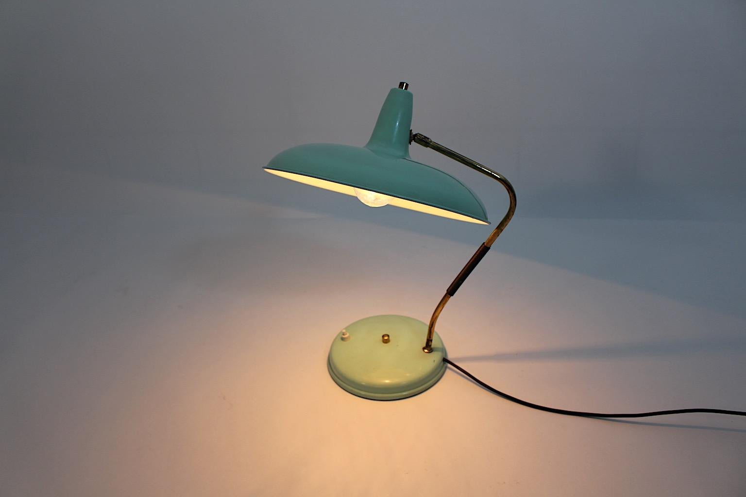 20th Century Mid-Century Modern Vintage Turquoise Metal Brass Table Lamp Stilnovo 1950s Italy For Sale