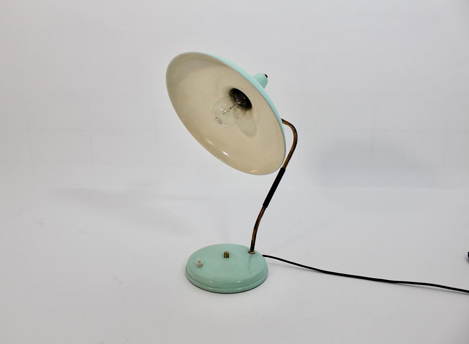 Mid-Century Modern Vintage Turquoise Metal Brass Table Lamp Stilnovo 1950s Italy For Sale 1