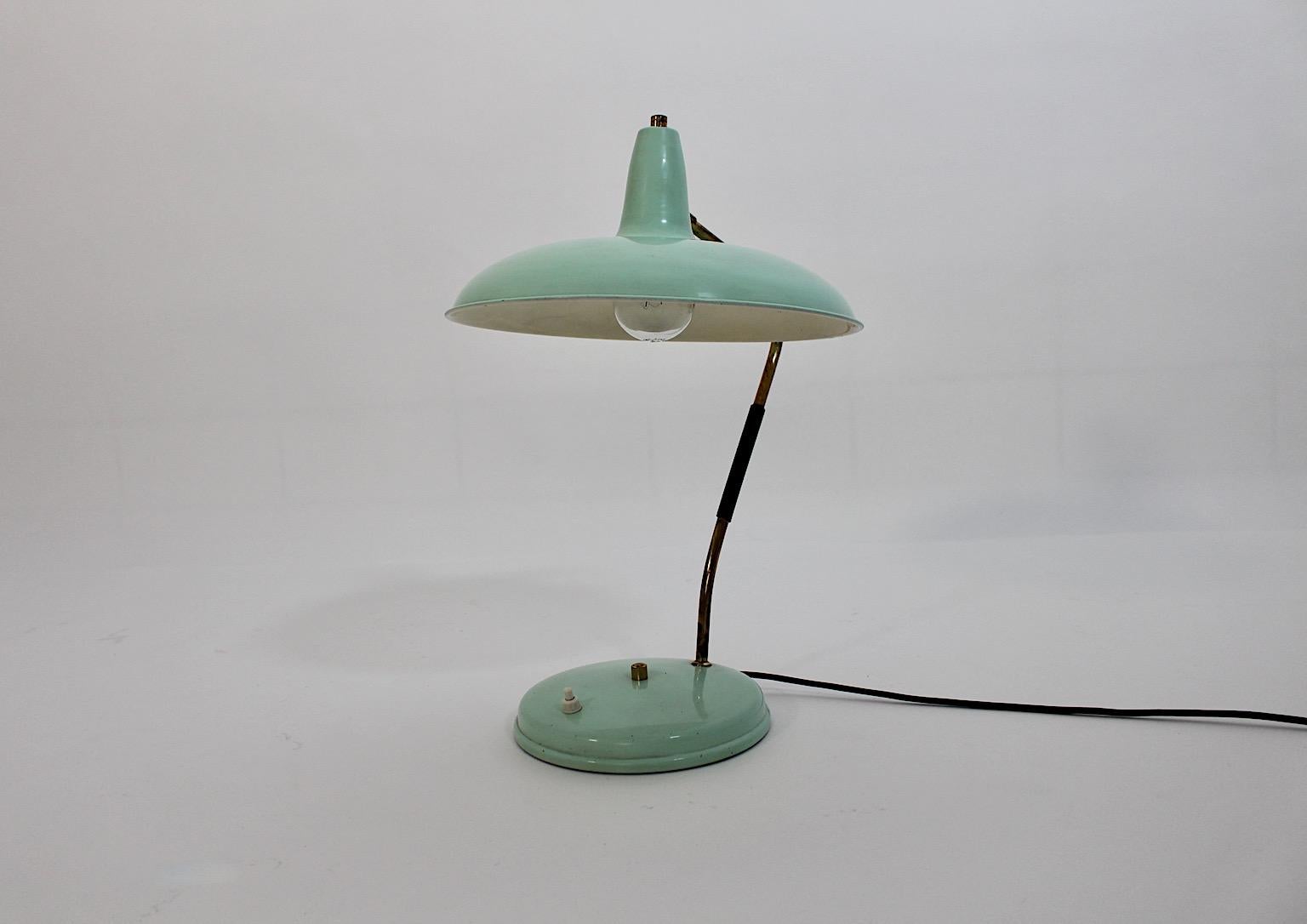 Mid-Century Modern Vintage Turquoise Metal Brass Table Lamp Stilnovo 1950s Italy For Sale 2