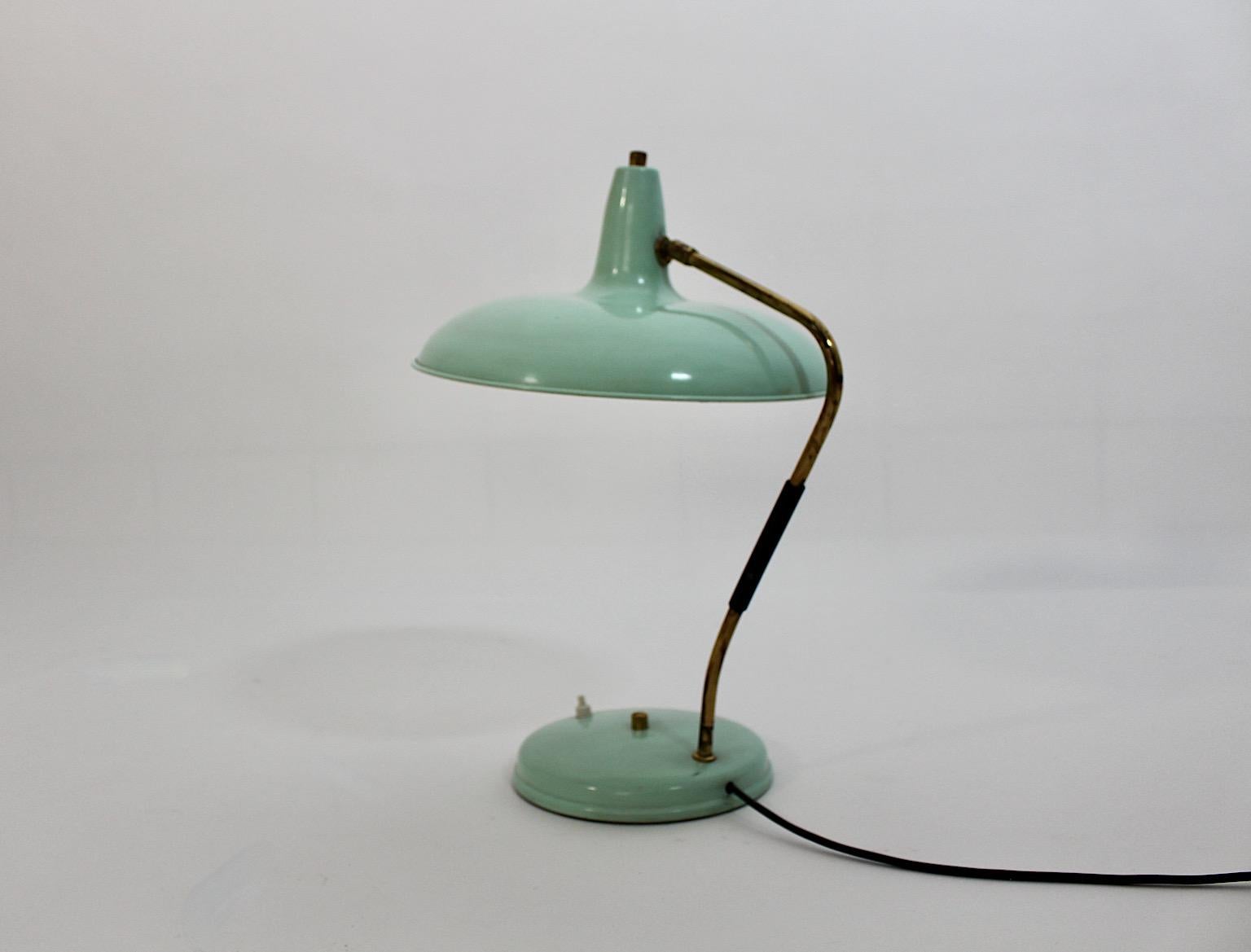 Mid-Century Modern Vintage Turquoise Metal Brass Table Lamp Stilnovo 1950s Italy For Sale 3