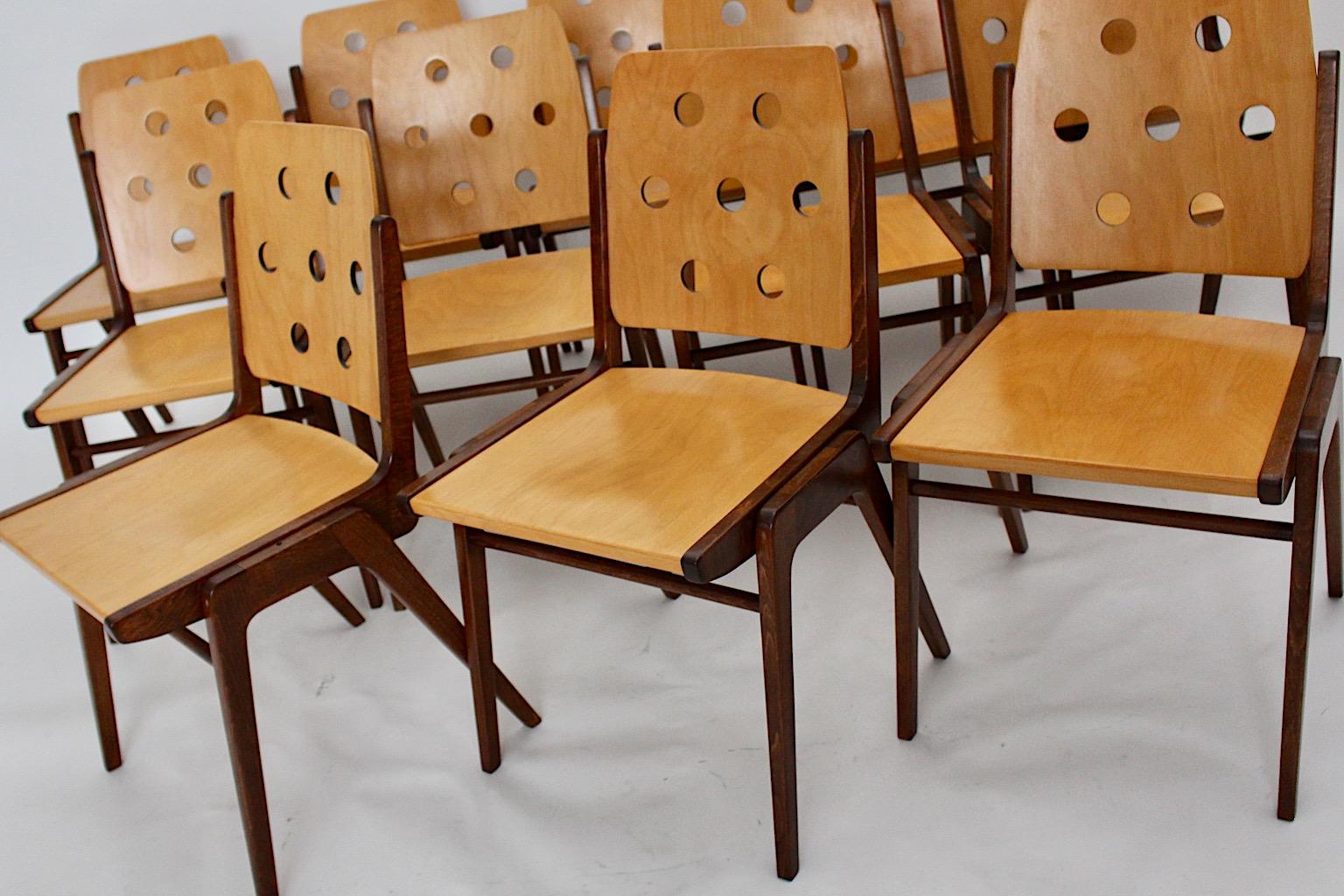 Mid Century Modern vintage beechwood chocolate brown and honey brown twelve ( 12 ) dining chairs or stacking chairs by Franz Schuster 1959, Vienna,
A great set of twelve ( 12 ) dining chairs with a practical feature to stack them if necessary. The