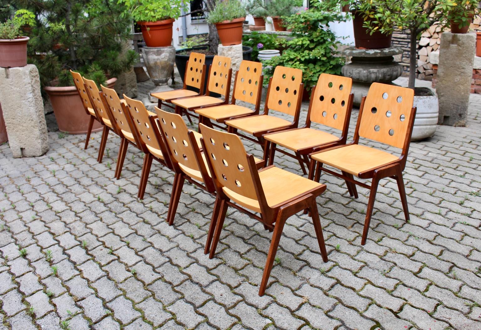 This set of 12 vintage bicolored Austro chairs, which are also stackable, was designed by the popular architect Franz Schuster 1950s and executed by Wiesner-Hager.
The frame was made of solid brown stained beechwood and natural lacquered.
The seat