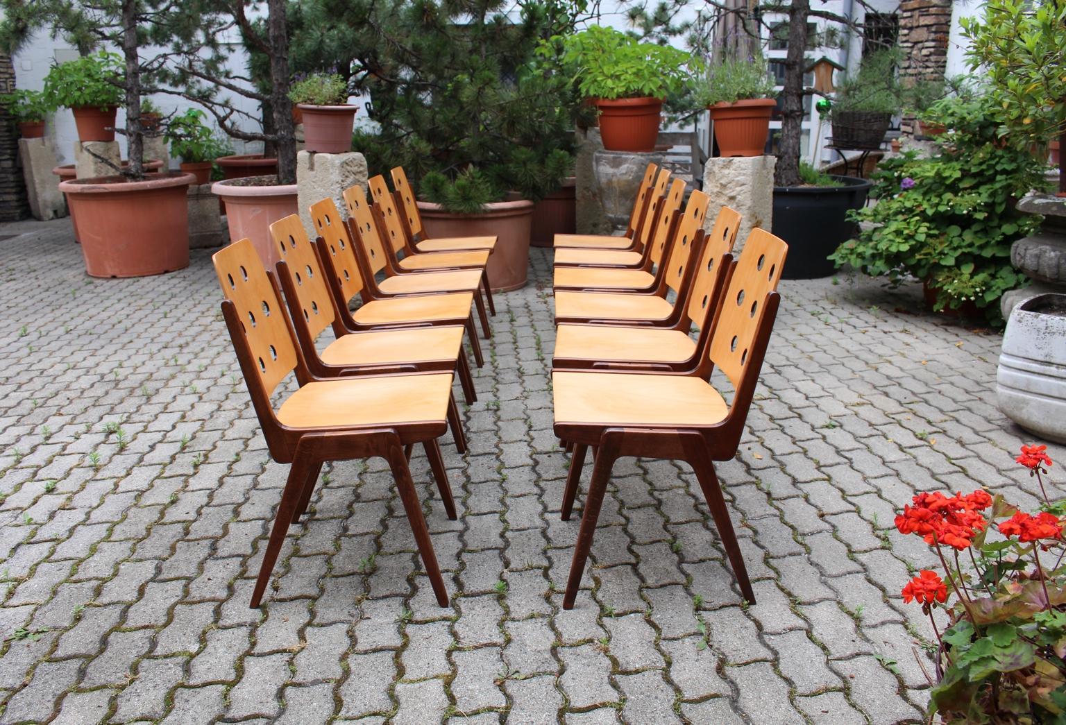 Austrian Mid-Century Modern Vintage Twelve Brown Dining Chairs Franz Schuster, 1950s