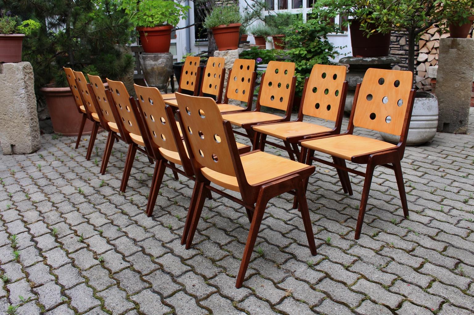 Mid-Century Modern Vintage Twelve Brown Dining Chairs Franz Schuster, 1950s In Good Condition In Vienna, AT