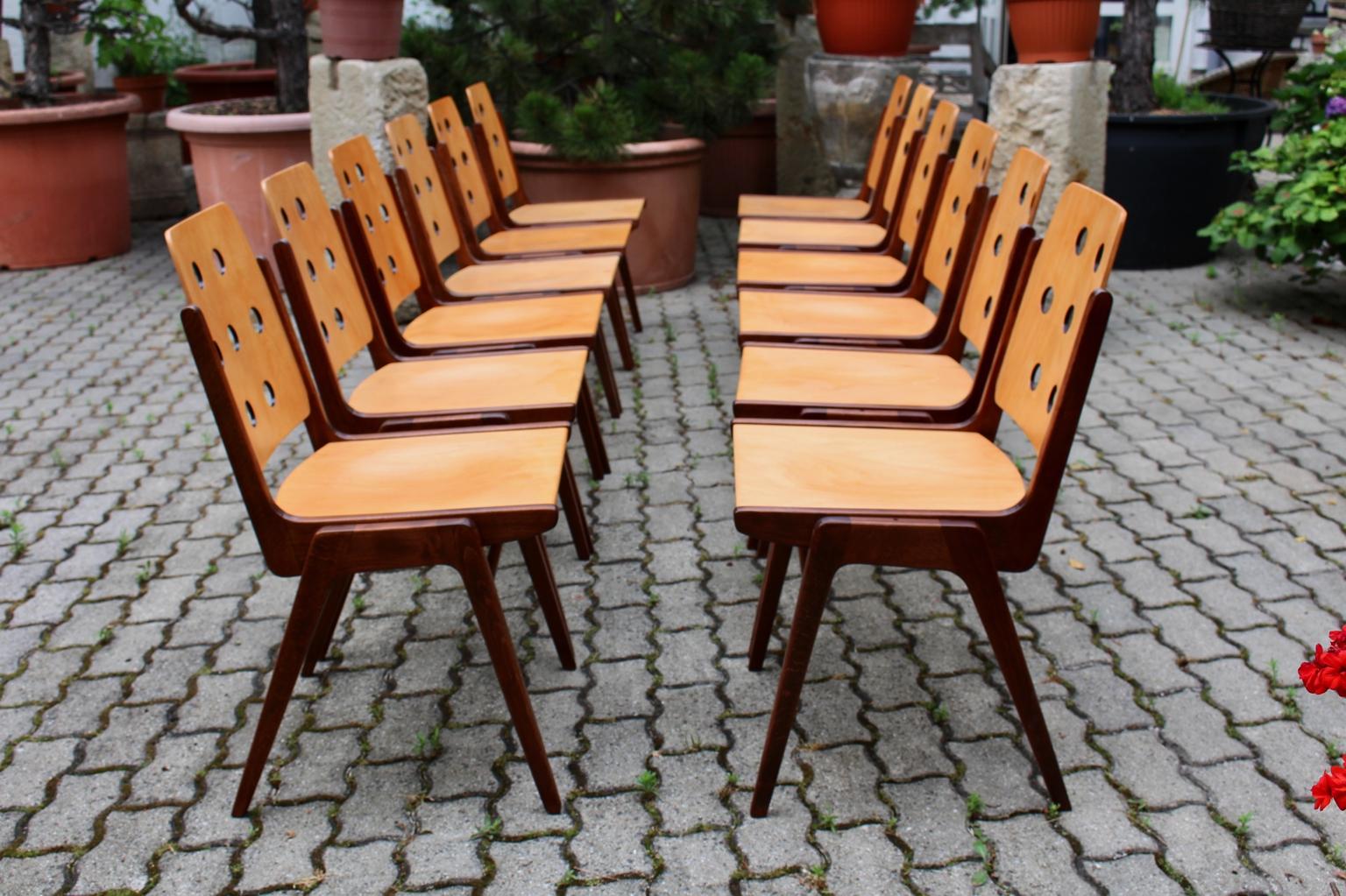 Mid-20th Century Mid-Century Modern Vintage Twelve Brown Dining Chairs Franz Schuster, 1950s