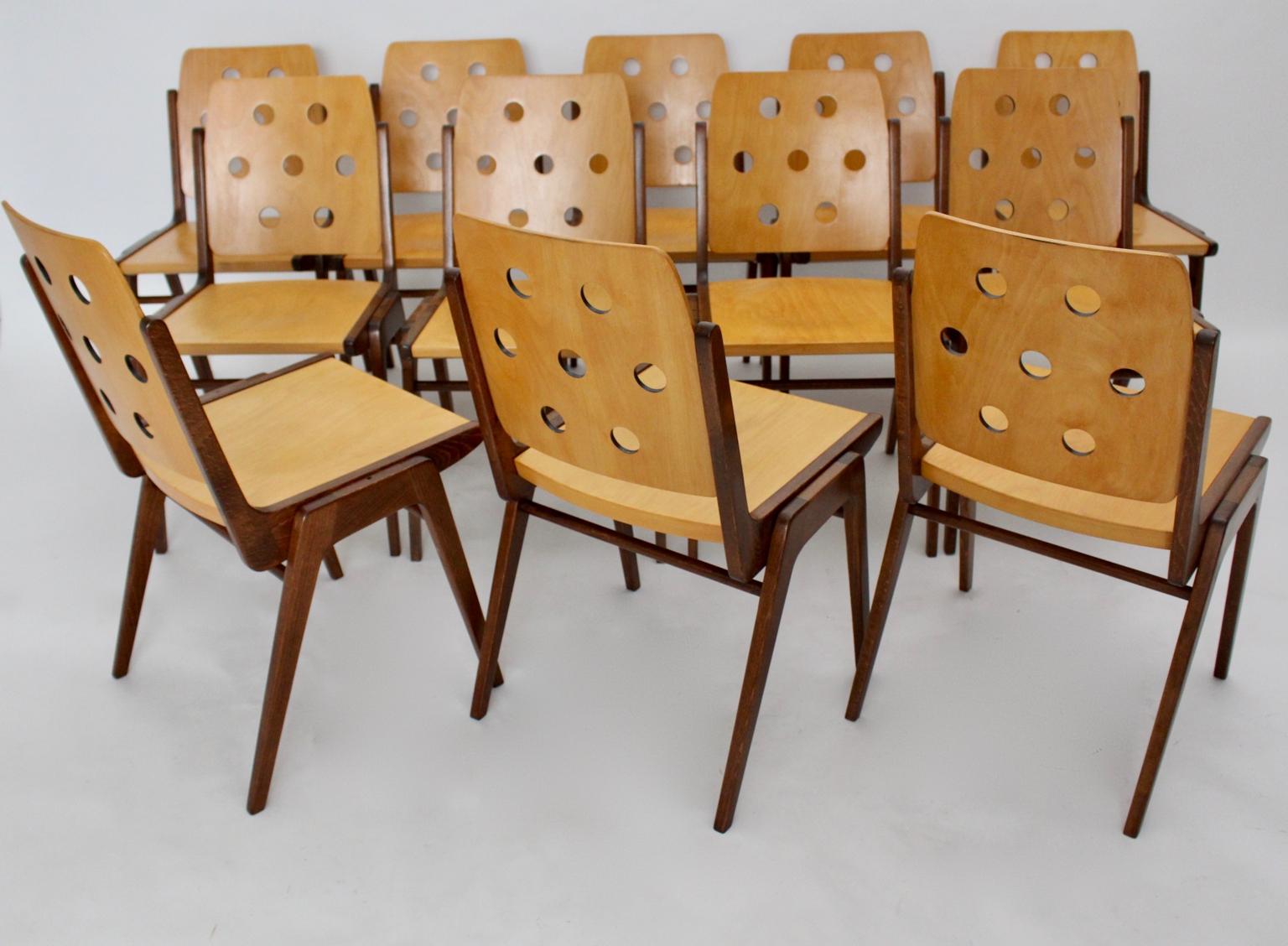 Beech Mid-Century Modern Vintage Twelve Brown Dining Chairs Franz Schuster, 1950s