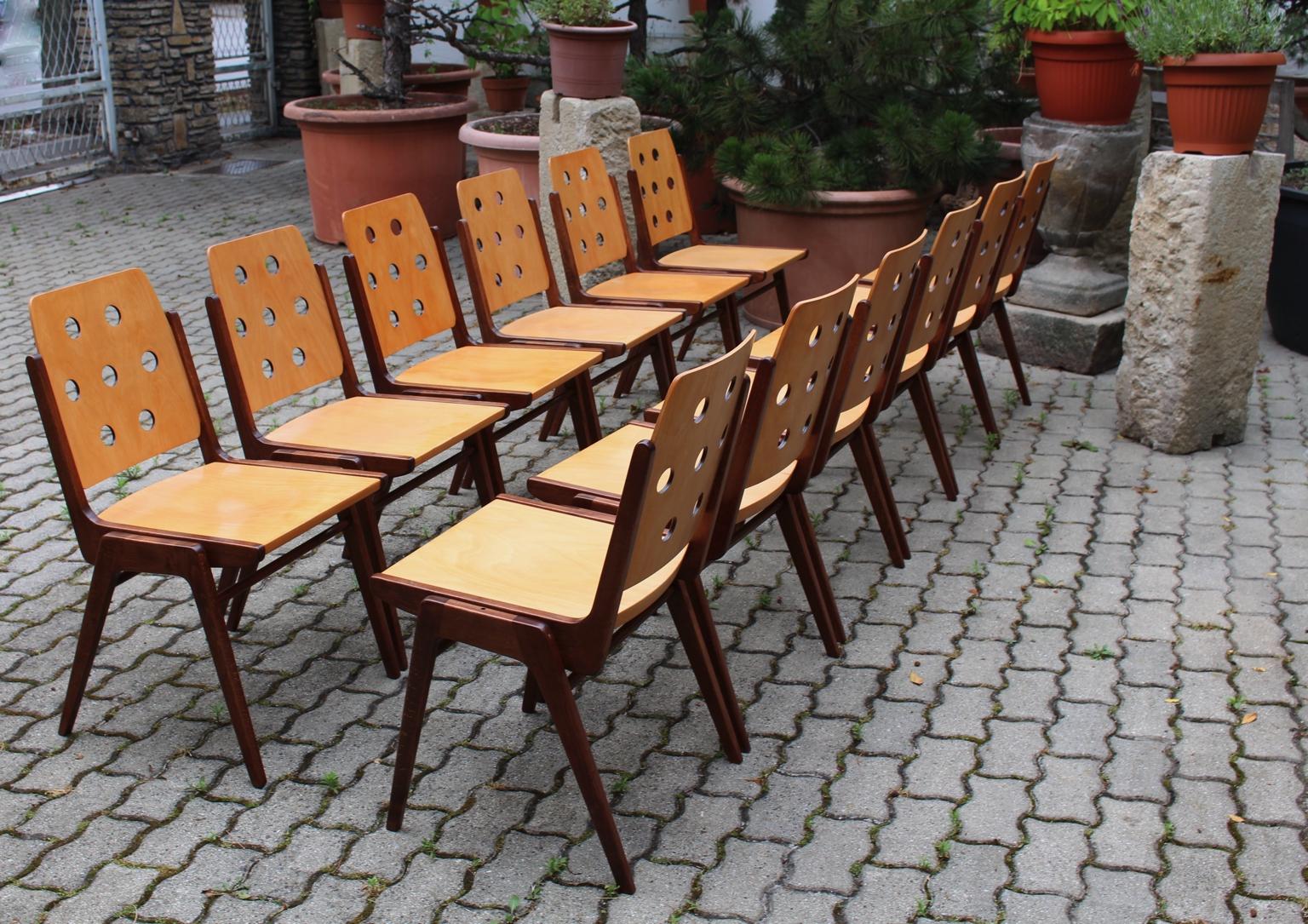 Mid-Century Modern Vintage Twelve Brown Dining Chairs Franz Schuster, 1950s 1