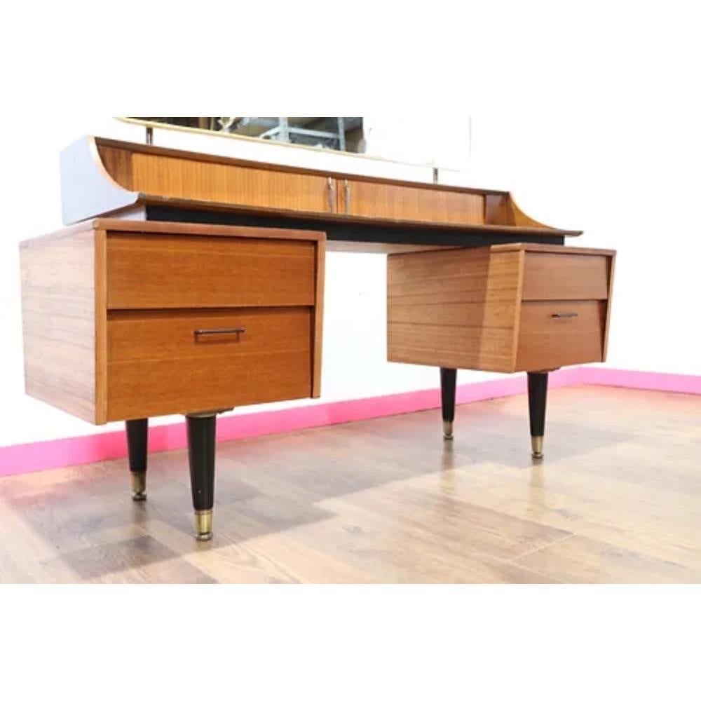 Teak Mid Century Modern Vintage Vanity Desk With Mirror by Wrighton For Sale