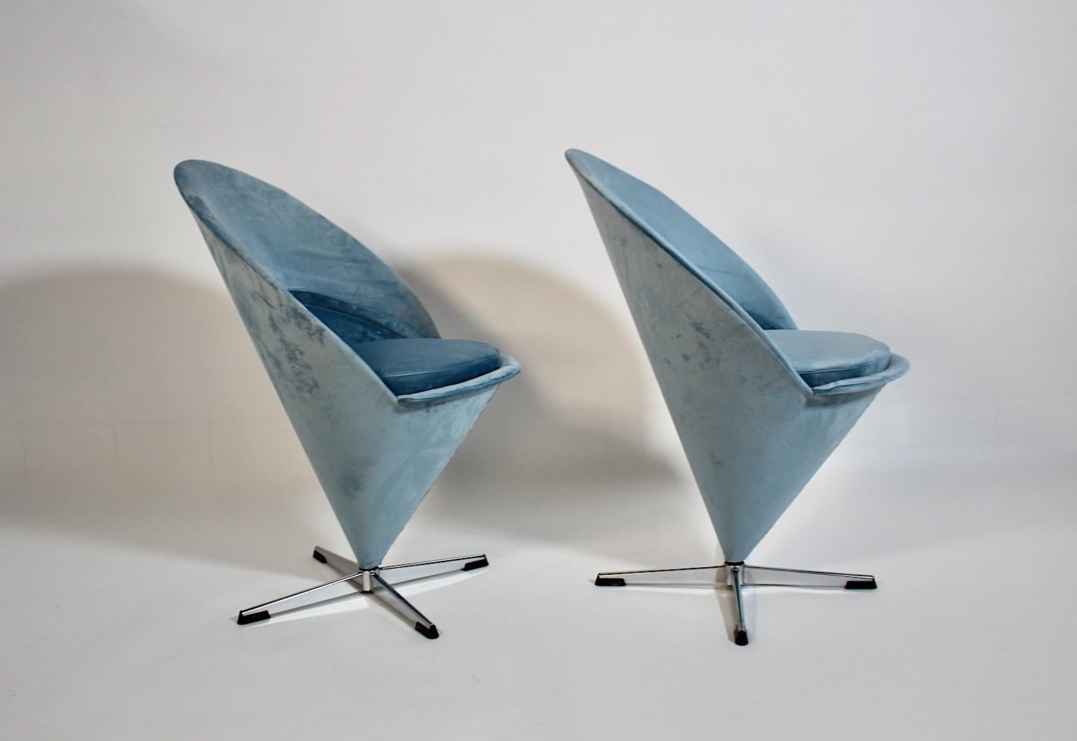 Mid-Century Modern Mid Century Modern Vintage Verner Panton Blue Velvet Cone Side Chairs Denmark For Sale