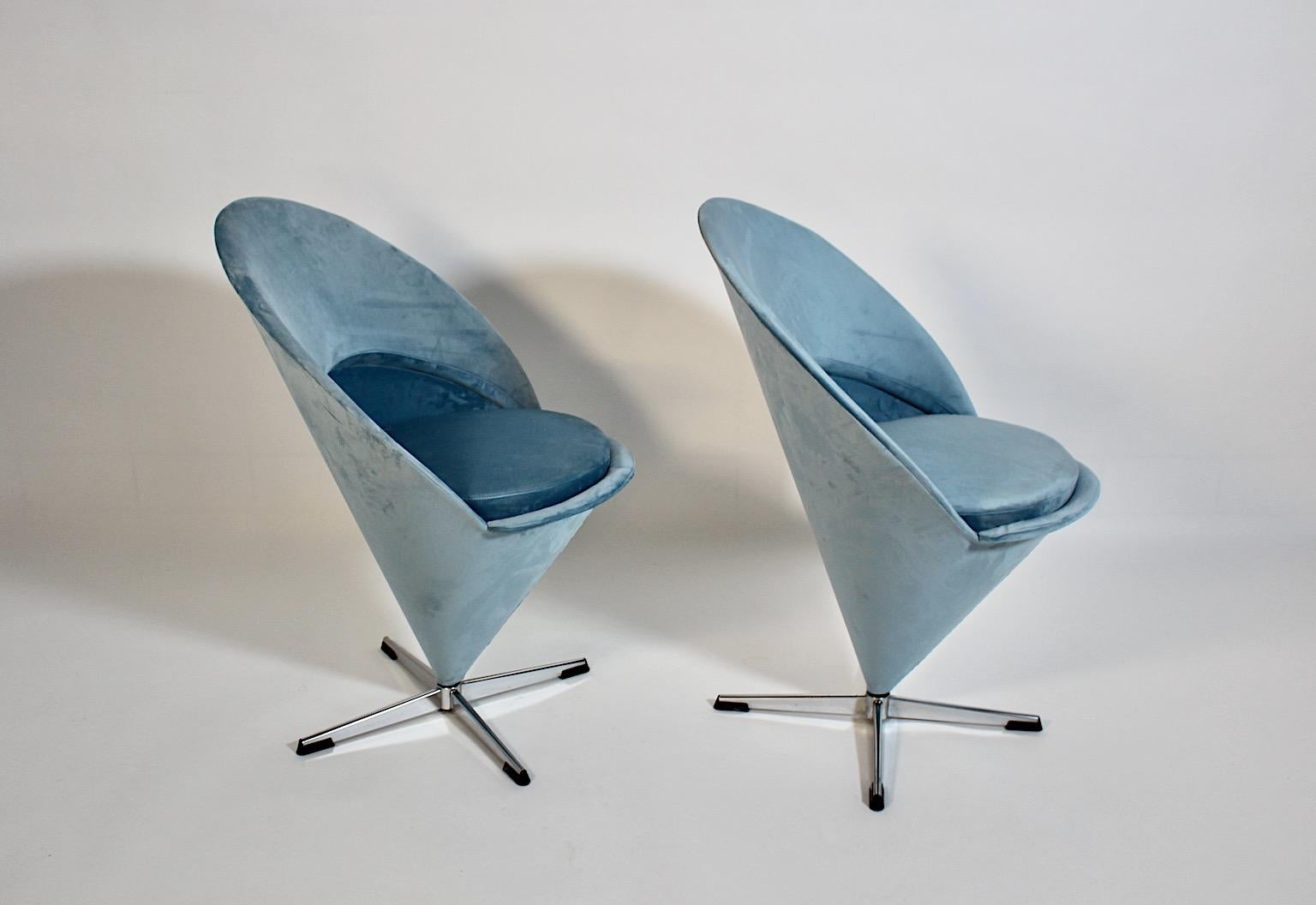 Danish Mid Century Modern Vintage Verner Panton Blue Velvet Cone Side Chairs Denmark For Sale