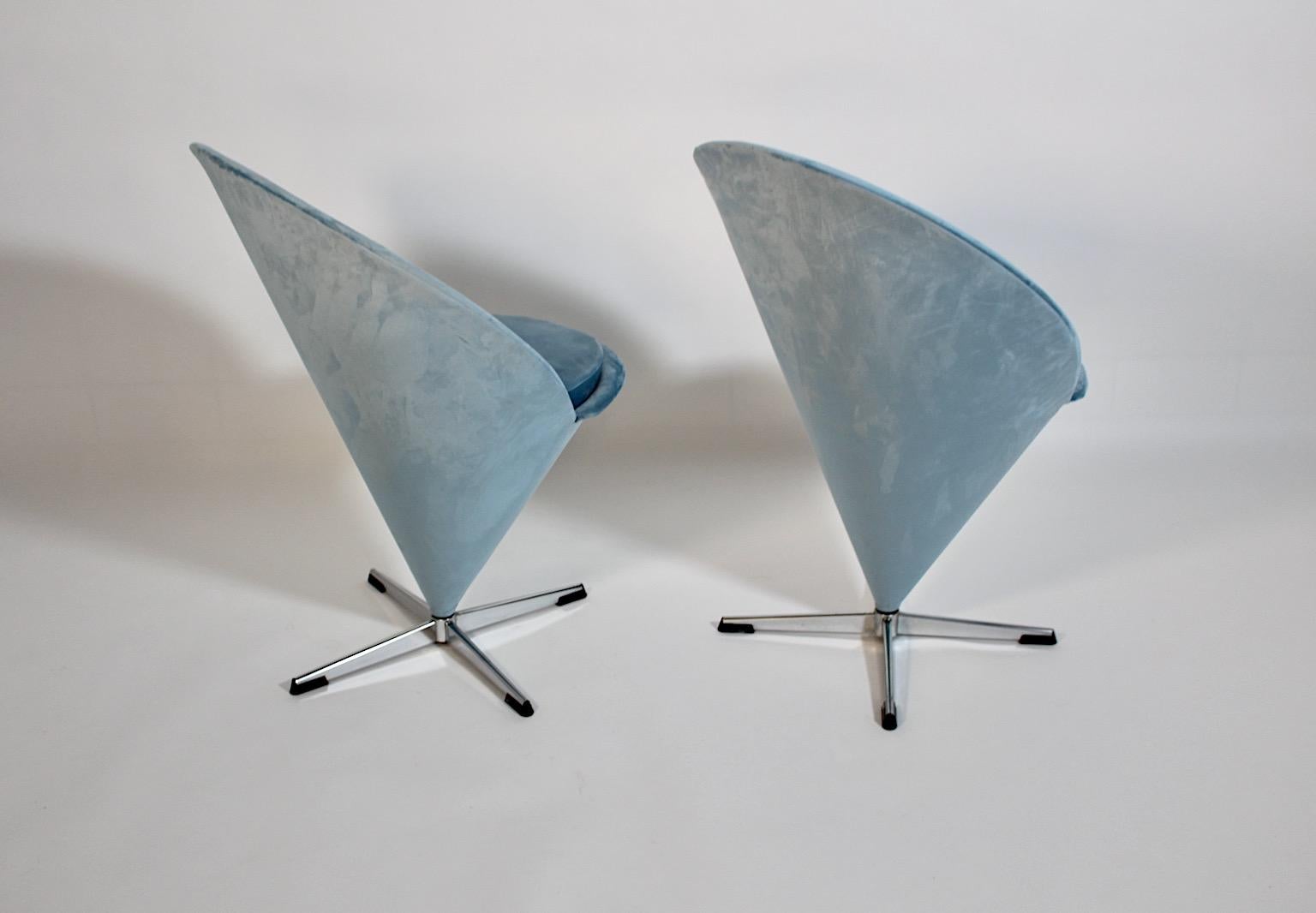 20th Century Mid Century Modern Vintage Verner Panton Blue Velvet Cone Side Chairs Denmark For Sale