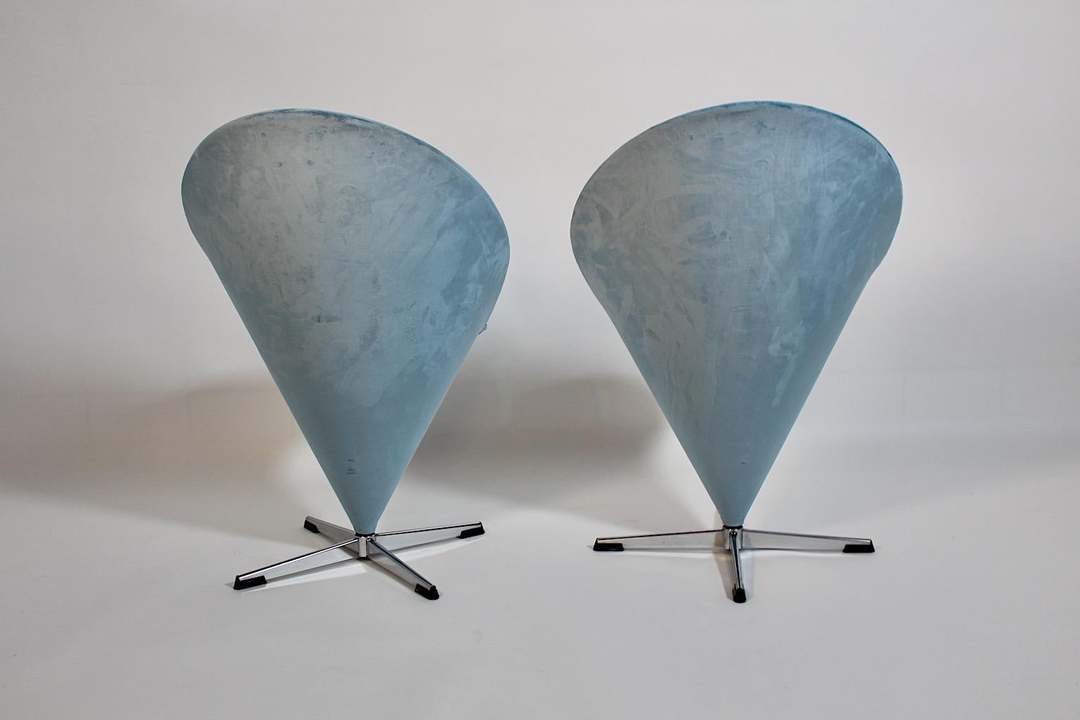 Mid Century Modern Vintage Verner Panton Blue Velvet Cone Side Chairs Denmark For Sale 1