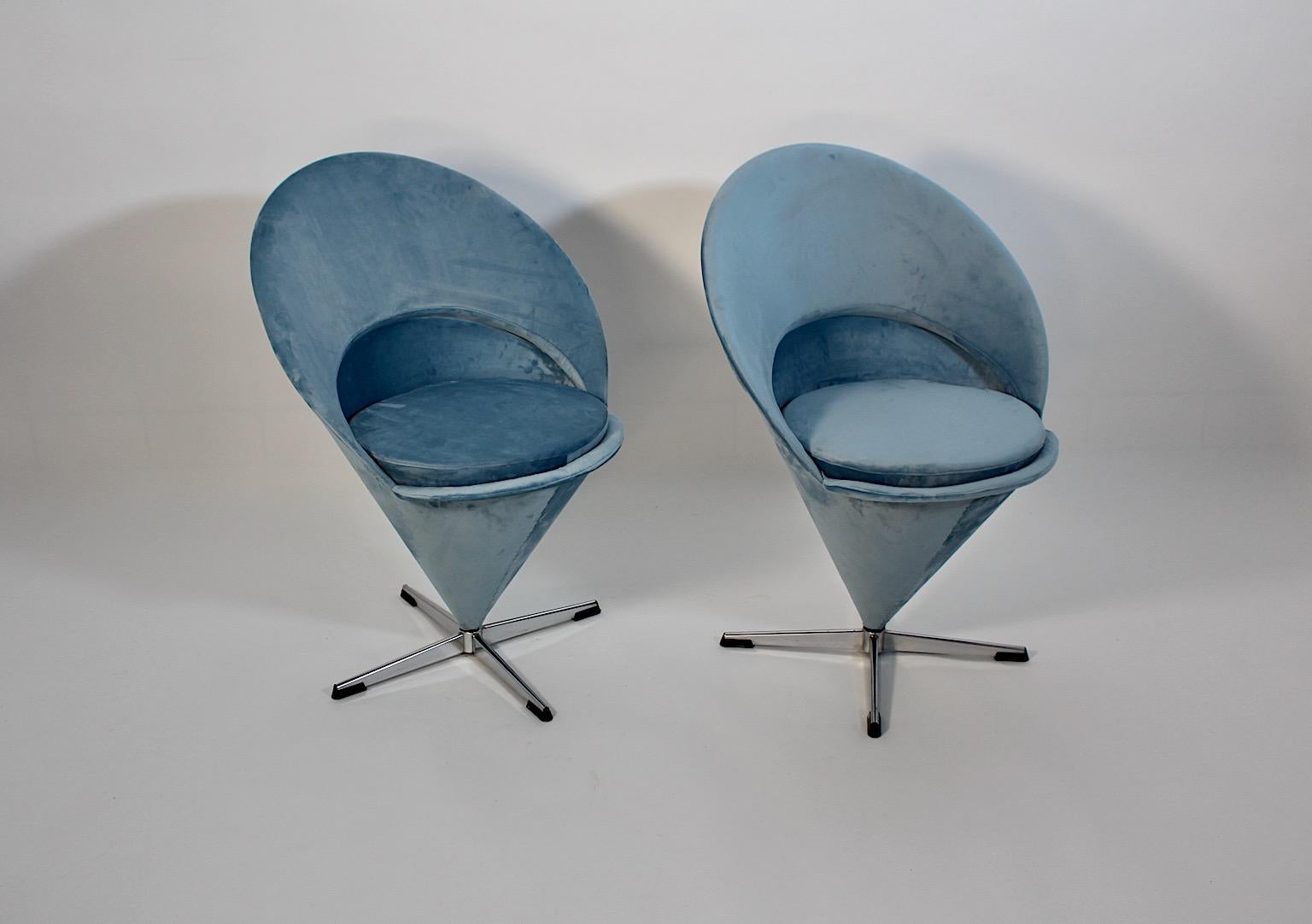 Mid Century Modern Vintage Verner Panton Blue Velvet Cone Side Chairs Denmark For Sale 2