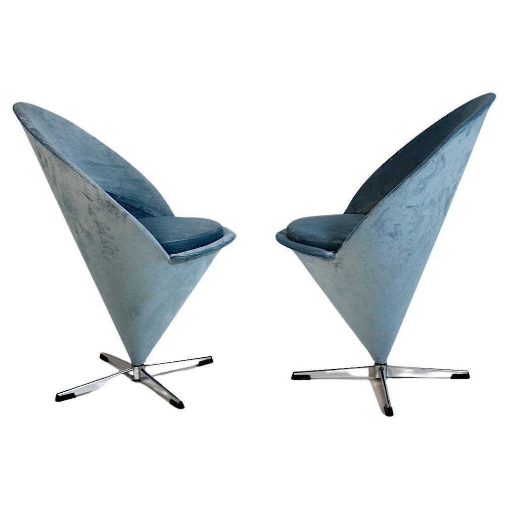 Mid Century Modern Vintage Verner Panton Blue Velvet Cone Side Chairs Denmark For Sale