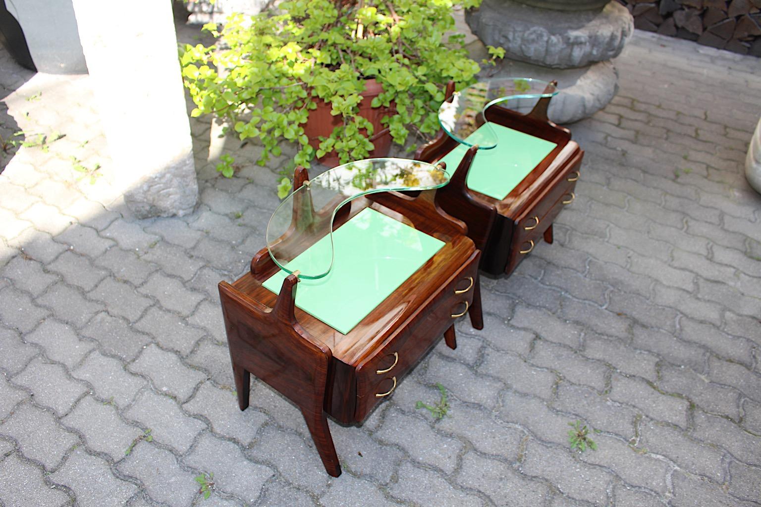 Mid Century Modern Vintage Walnut Green Glass Nightstands Pair Duo Italy 1940s For Sale 5