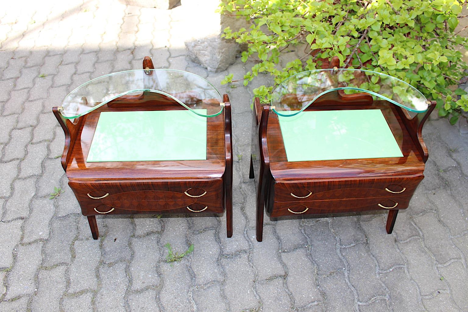 Mid Century Modern Vintage Walnut Green Glass Nightstands Pair Duo Italy 1940s For Sale 6