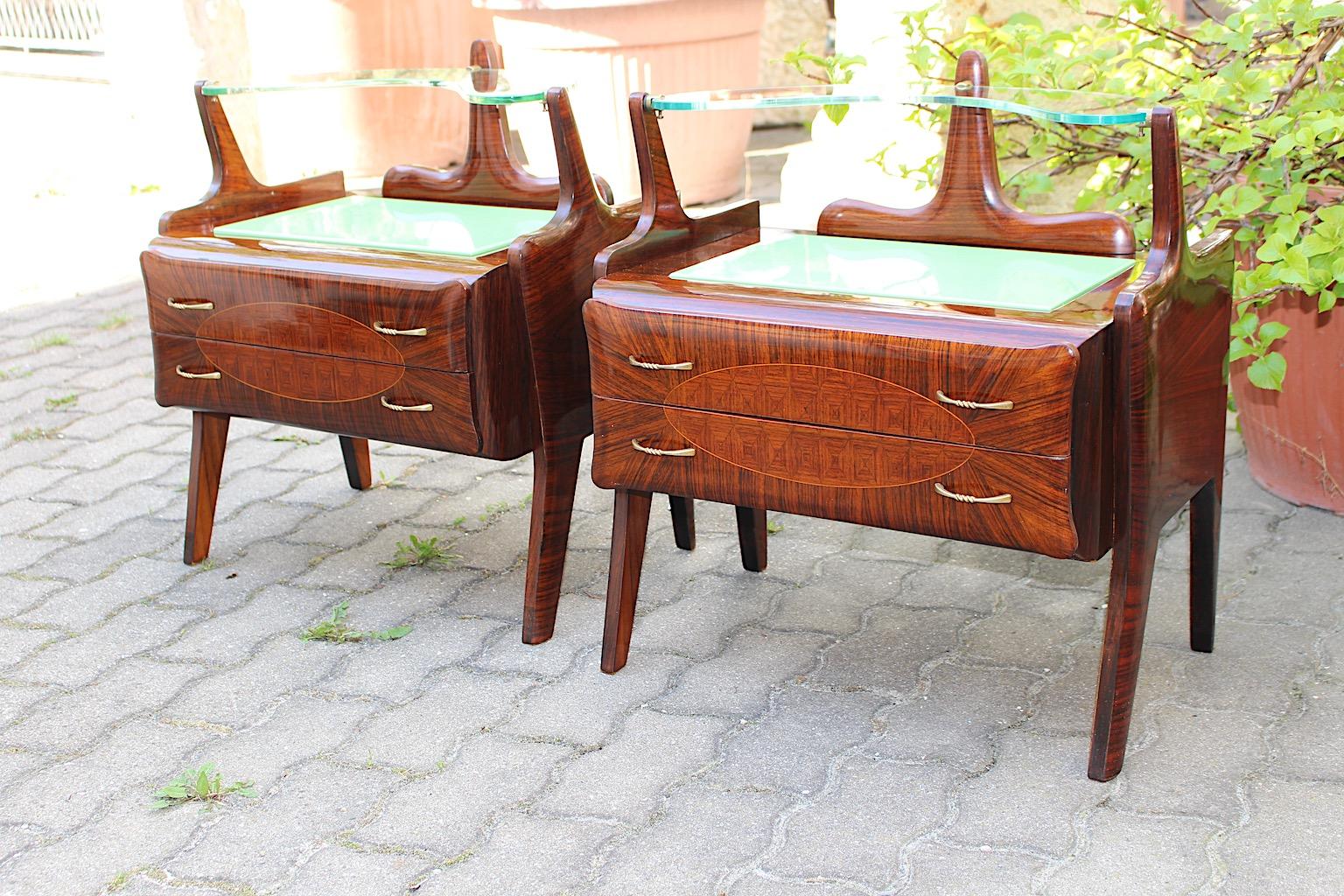 Mid Century Modern Vintage Walnut Green Glass Nightstands Pair Duo Italy 1940s For Sale 7