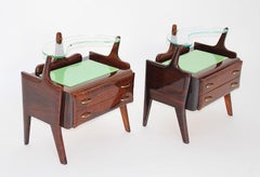 Mid Century Modern Vintage Walnut Green Glass Nightstands Pair Duo Italy 1940s