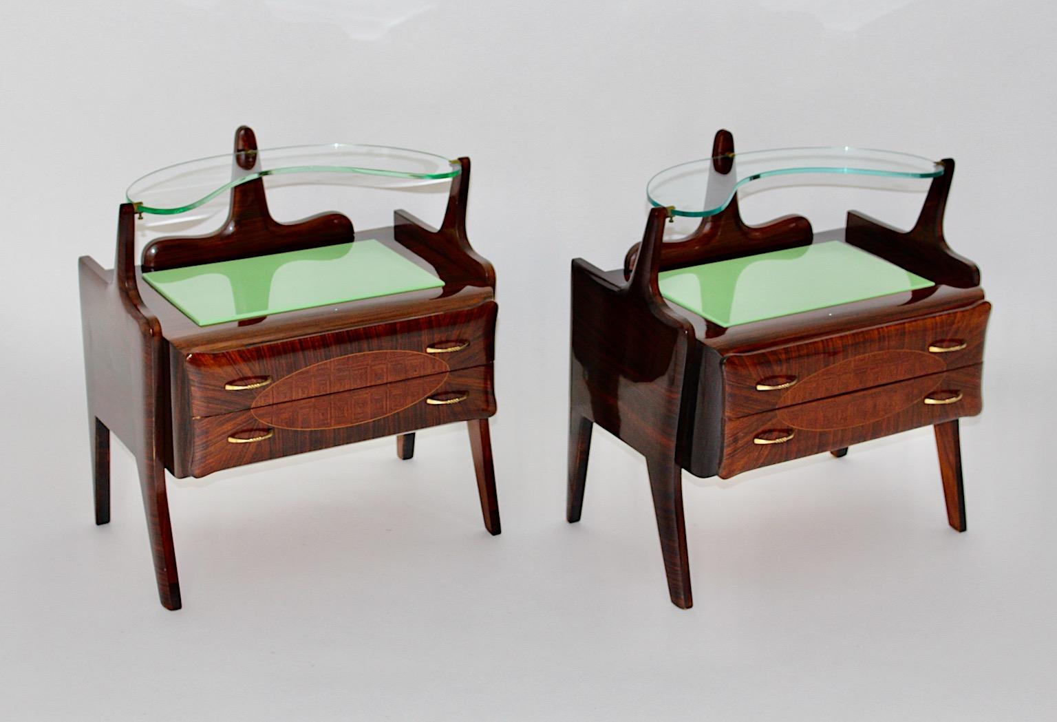 Mid-Century Modern Mid Century Modern Vintage Walnut Green Glass Nightstands Pair Duo Italy 1940s For Sale
