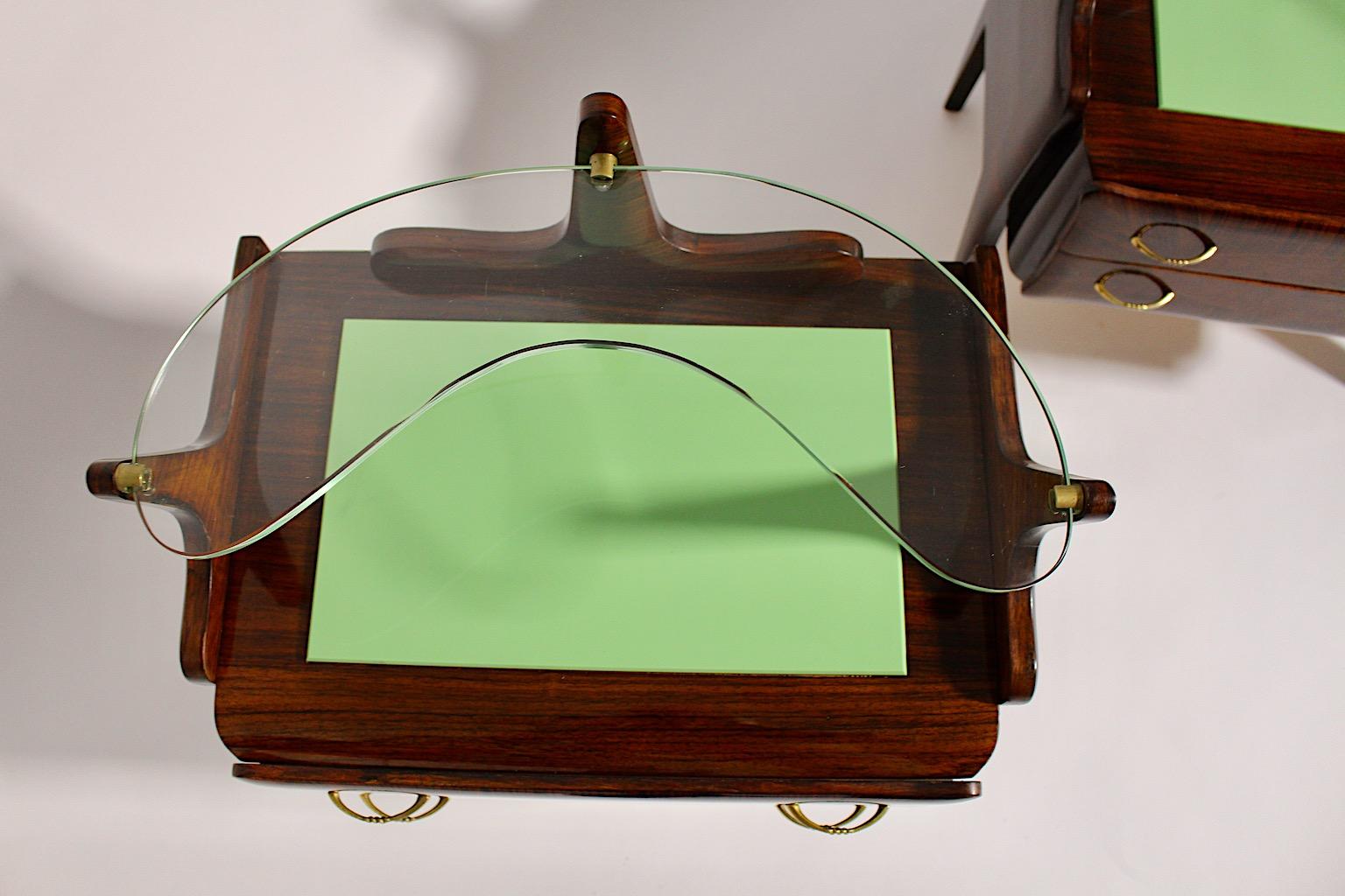 Mid Century Modern Vintage Walnut Green Glass Nightstands Pair Duo Italy 1940s For Sale 1