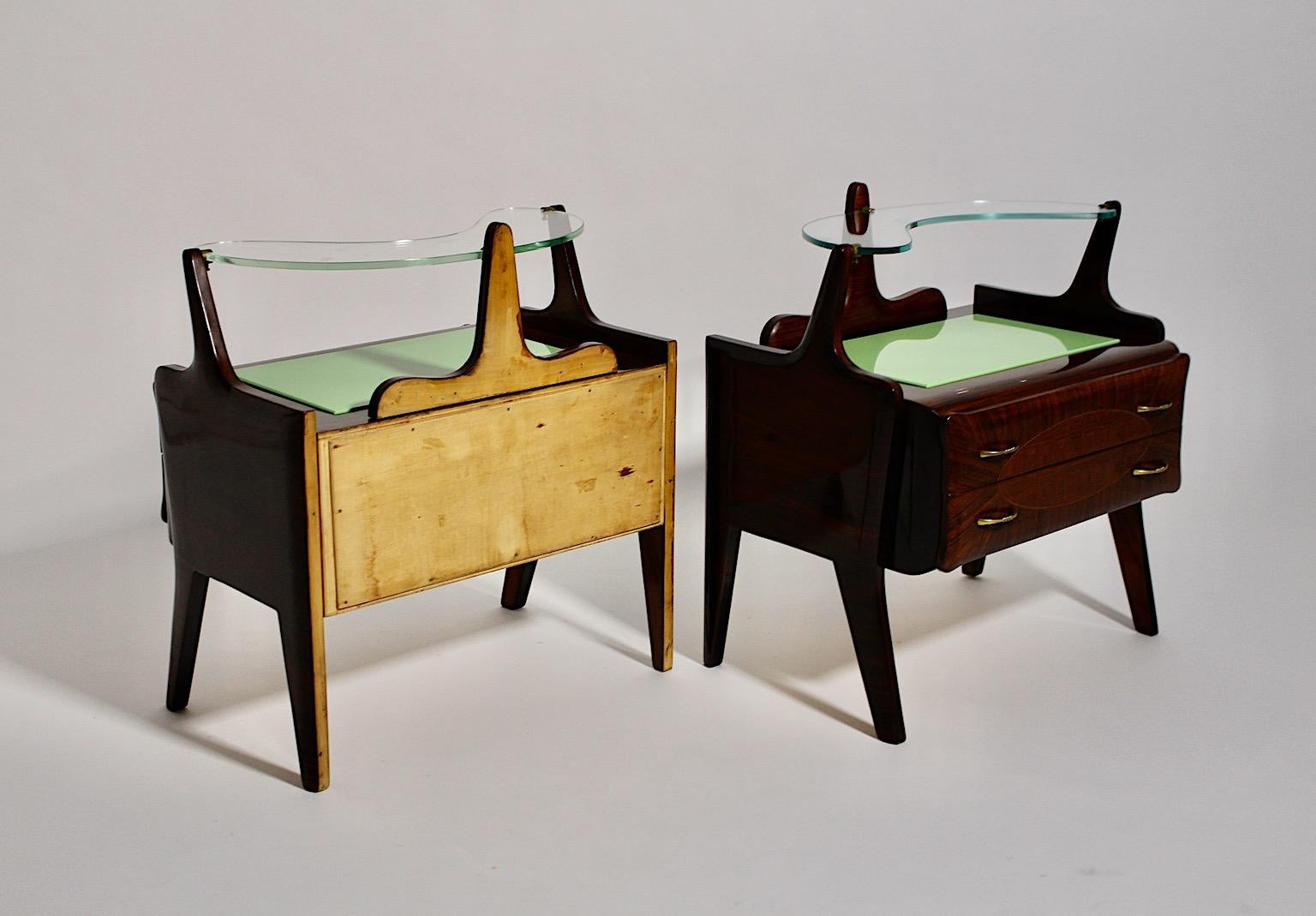 Mid Century Modern Vintage Walnut Green Glass Nightstands Pair Duo Italy 1940s For Sale 2