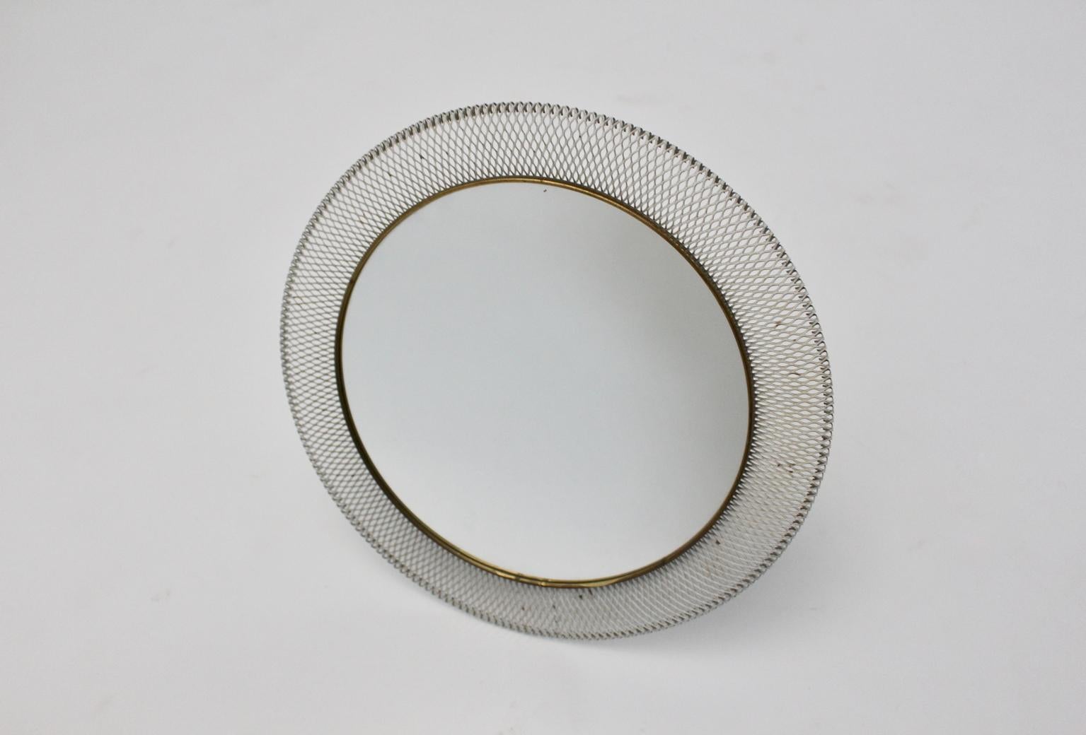 Lacquered Mid-Century Modern Vintage White Brass Table Mirror, circa 1950, Germany For Sale