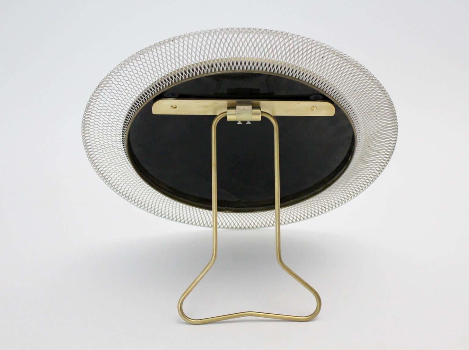 Mid-Century Modern Vintage White Brass Table Mirror, circa 1950, Germany In Good Condition For Sale In Vienna, AT