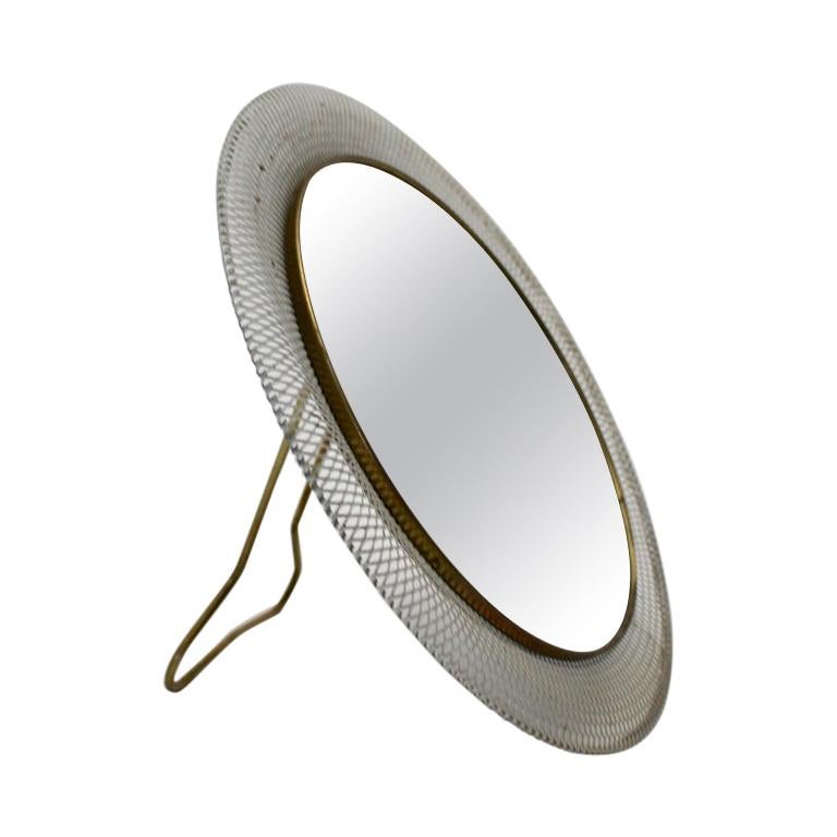 Mid-Century Modern Vintage White Brass Table Mirror, circa 1950, Germany For Sale