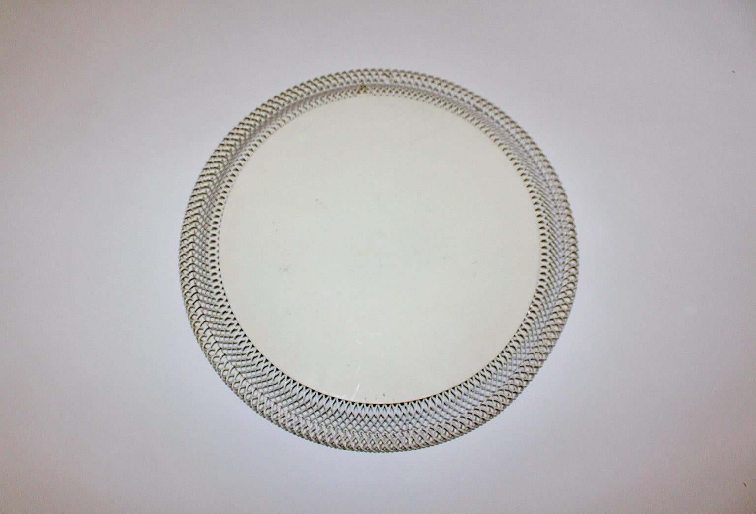 Mid Century Modern Vintage White Metal Mesh Circular Wall Mirror Germany 1960s For Sale 1