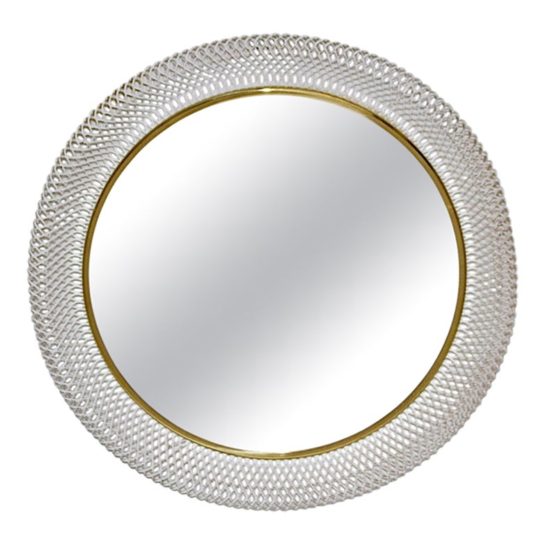 Mid Century Modern Vintage White Metal Mesh Circular Wall Mirror Germany 1960s
