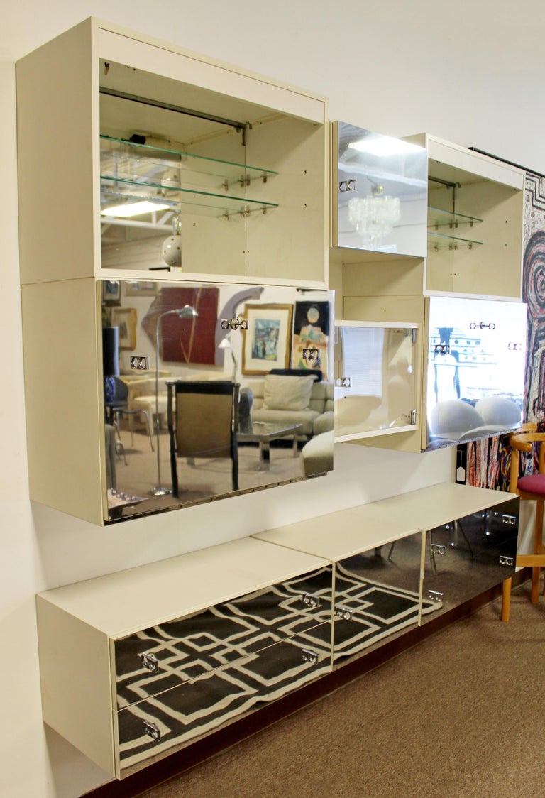MidCentury Modern Vintage White Mirrored Chrome Wall Unit