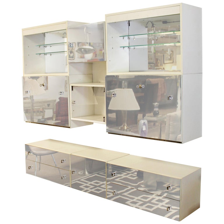 MidCentury Modern Vintage White Mirrored Chrome Wall Unit