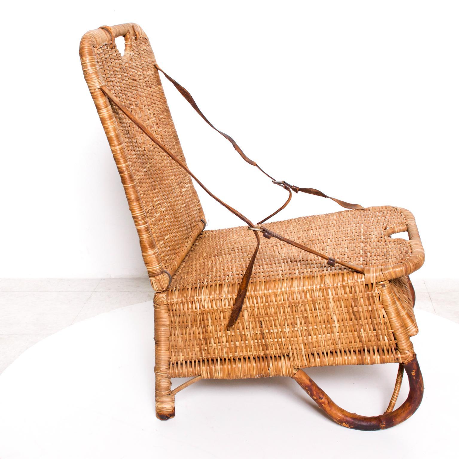 Vintage Folding Beach Chair Woven Wicker and Leather Sculpted Portable Travel 2