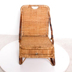 Vintage Folding Beach Chair Woven Wicker and Leather Sculpted Portable Travel