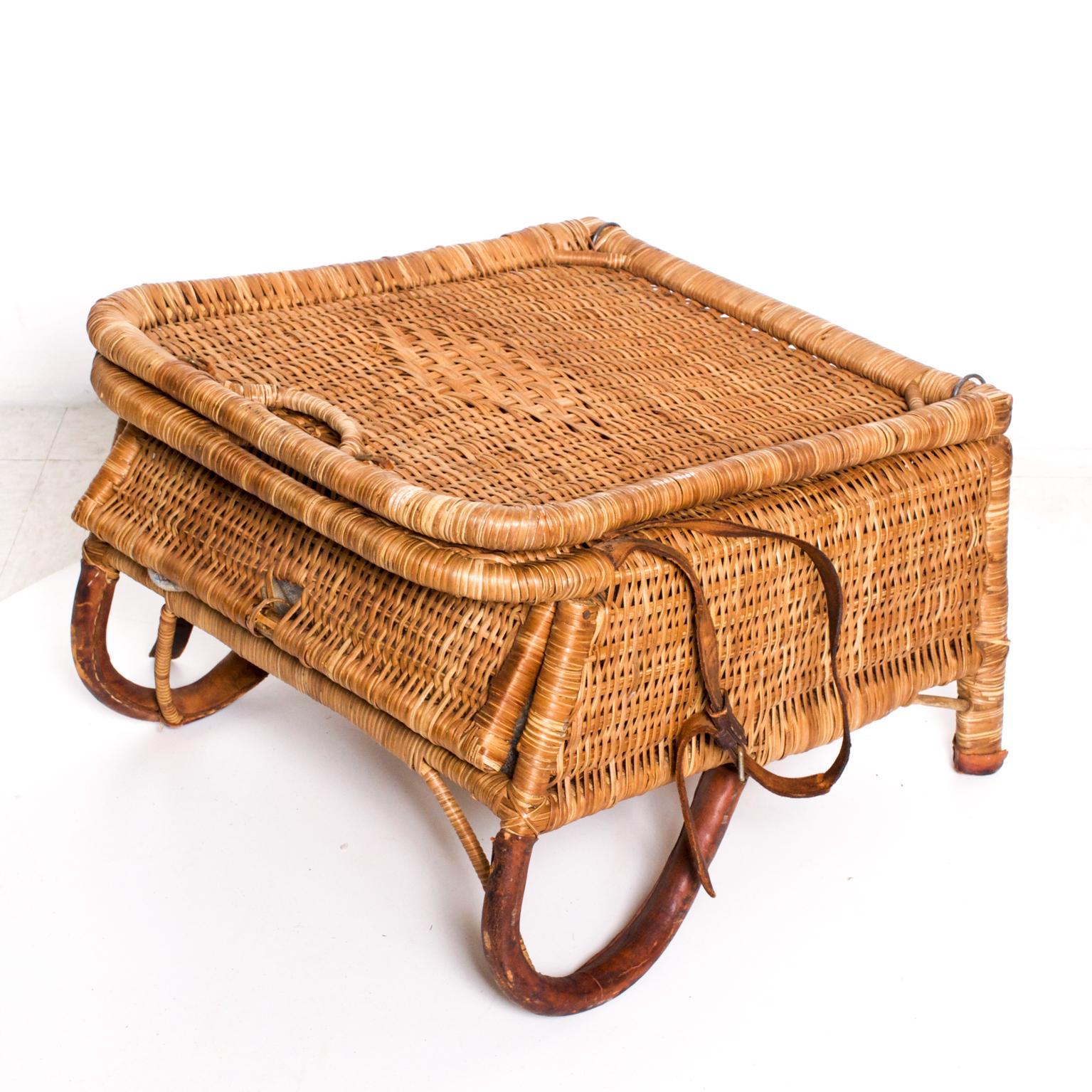 American Vintage Folding Beach Chair Woven Wicker and Leather Sculpted Portable Travel