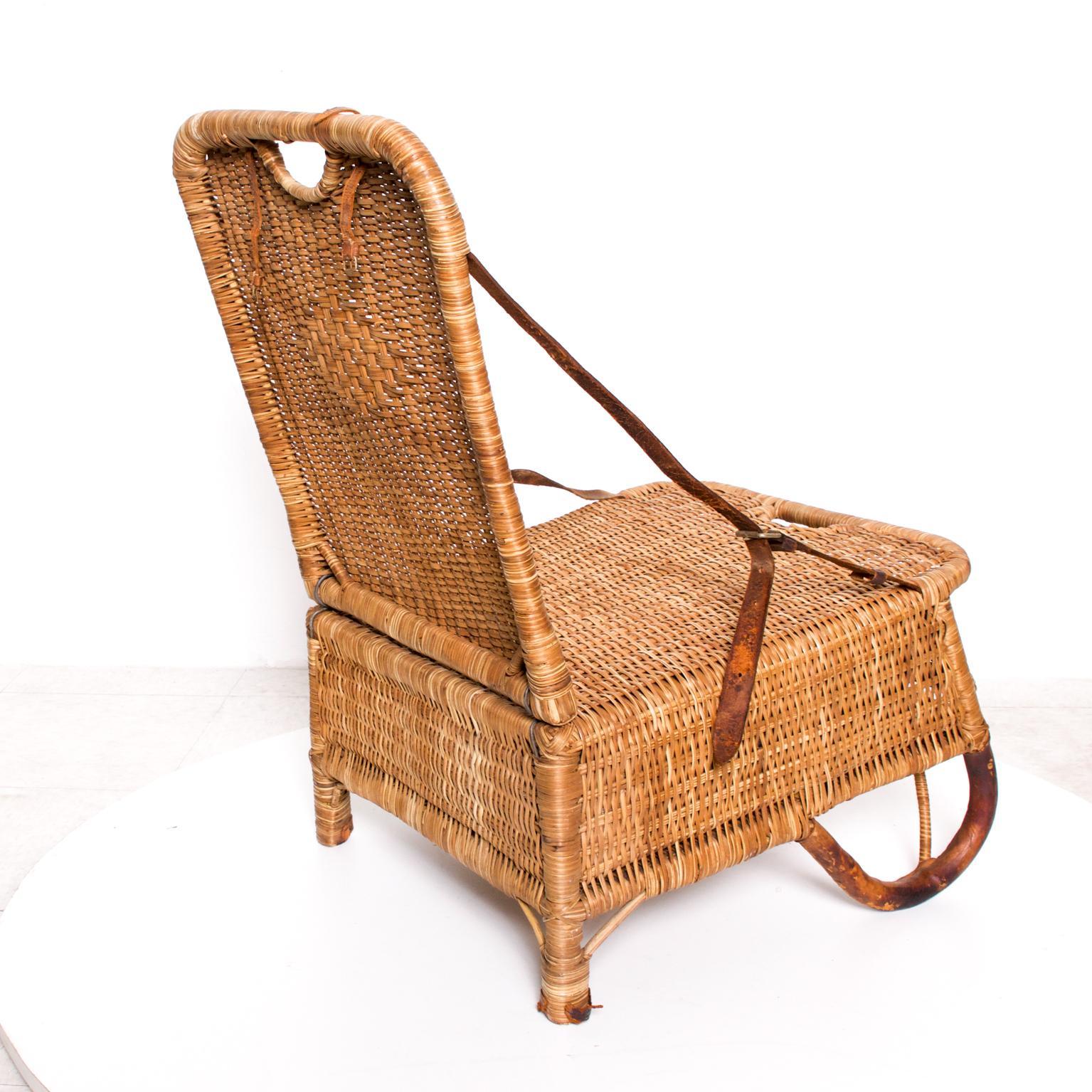 20th Century Vintage Folding Beach Chair Woven Wicker and Leather Sculpted Portable Travel