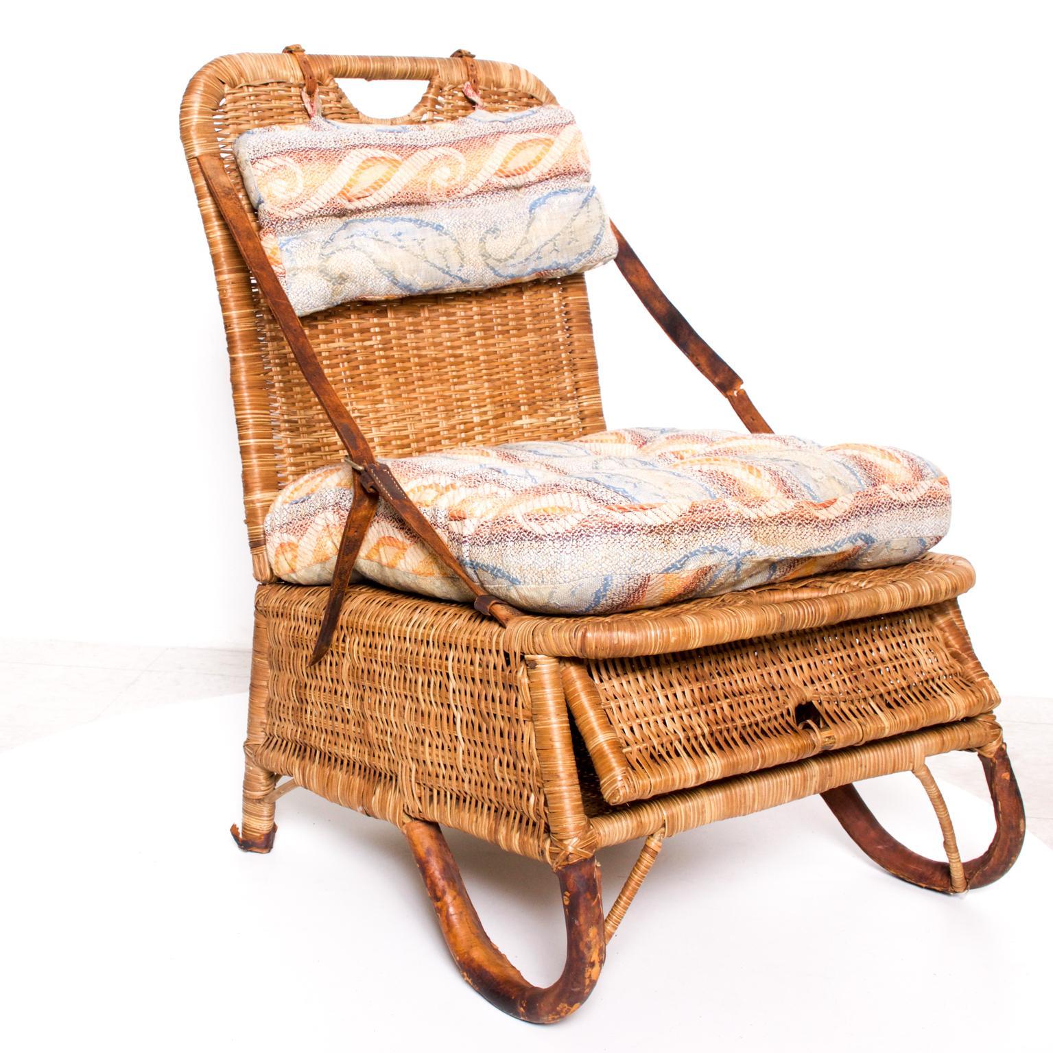 Vintage Folding Beach Chair Woven Wicker and Leather Sculpted Portable Travel 1