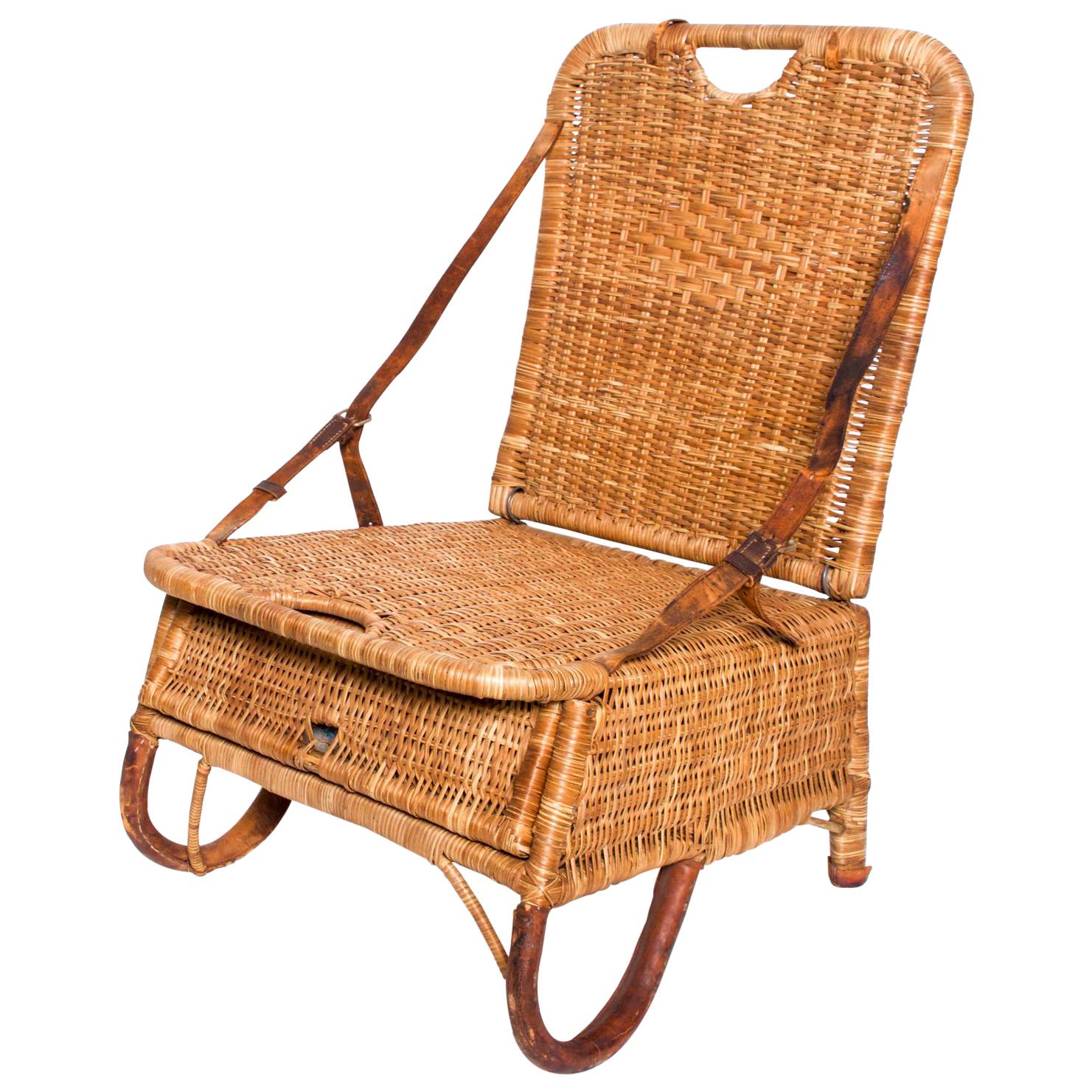 Vintage Folding Beach Chair Woven Wicker and Leather Sculpted Portable Travel