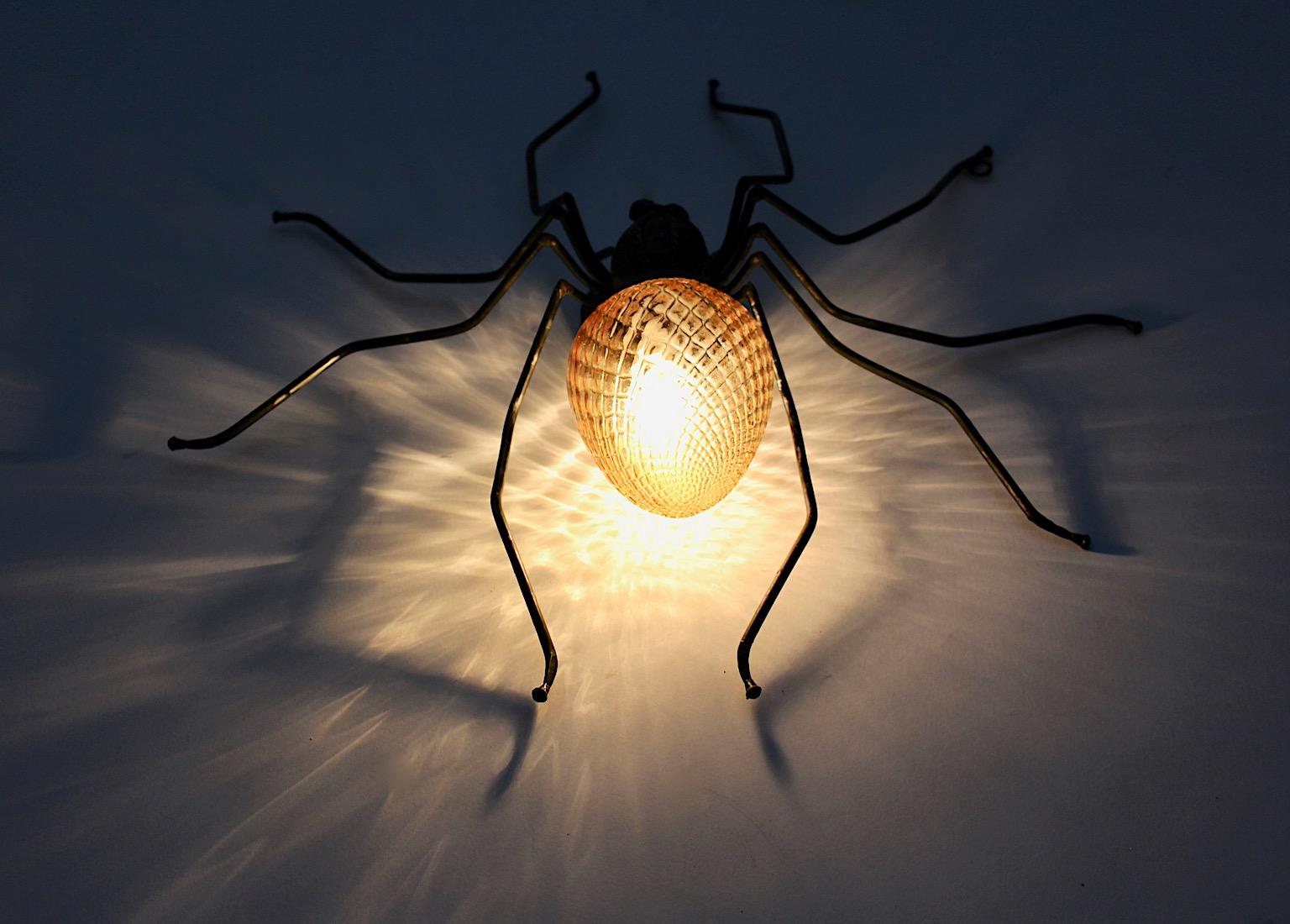 Mid-Century Modern Vintage Yellow Glass Metal Spider Fly Wall Light Sconce Italy For Sale 5