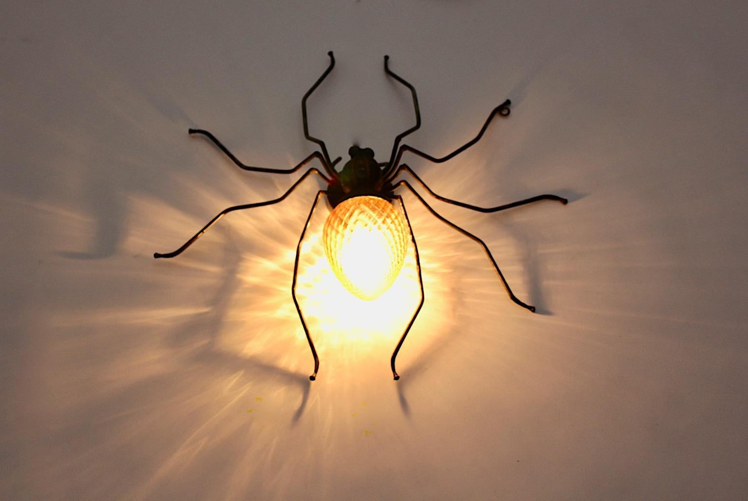 Mid-Century Modern Vintage Yellow Glass Metal Spider Fly Wall Light Sconce Italy For Sale 1