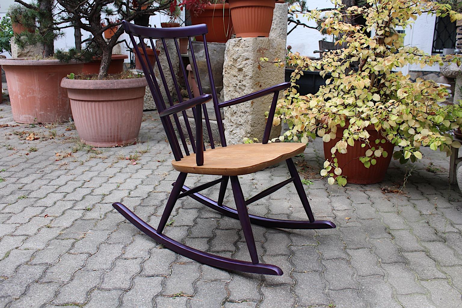 Beech Mid Century Modern Purple Vintage Rocking Chair Roland Rainer Vienna circa 1958 For Sale