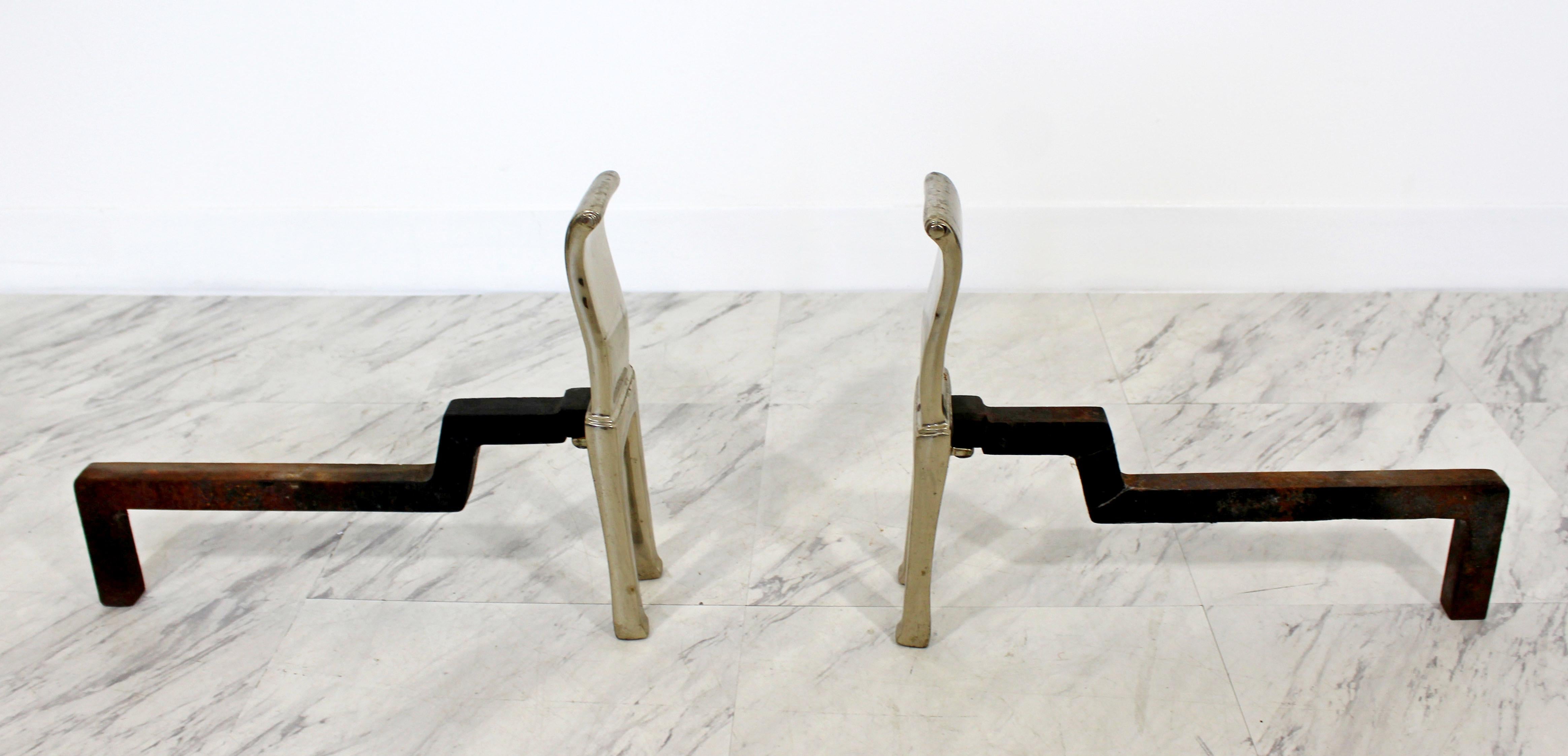 Plated Mid Century Modern Virginia Metalcrafters Modernist Nickel Plate Andirons 1980s For Sale