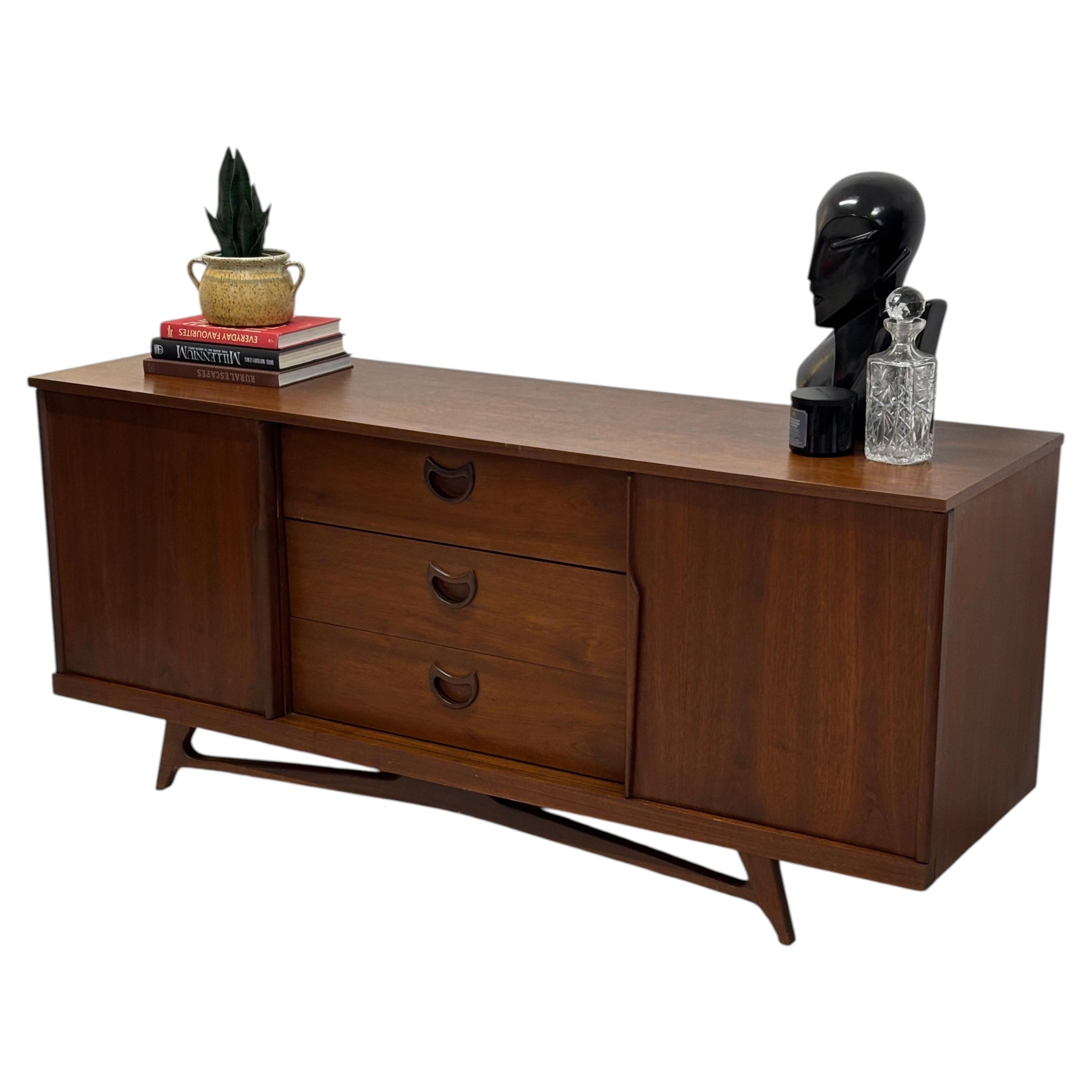 Mid-Century Modern Viscol Walnut Sideboard with Carved Wood Pulls