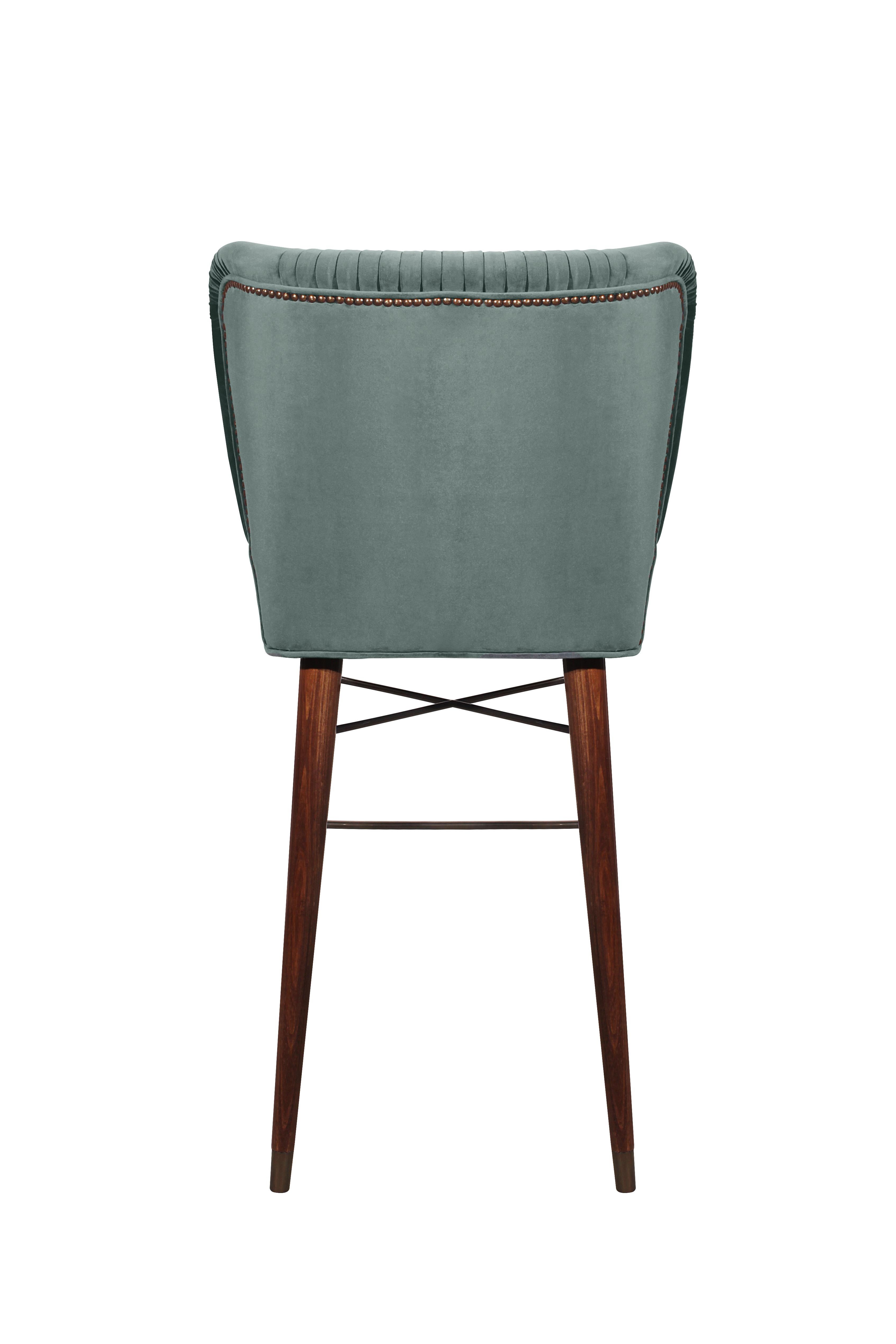 Portuguese Mid-Century Modern Visconti Bar Chair Walnut Wood Cotton Velvet For Sale
