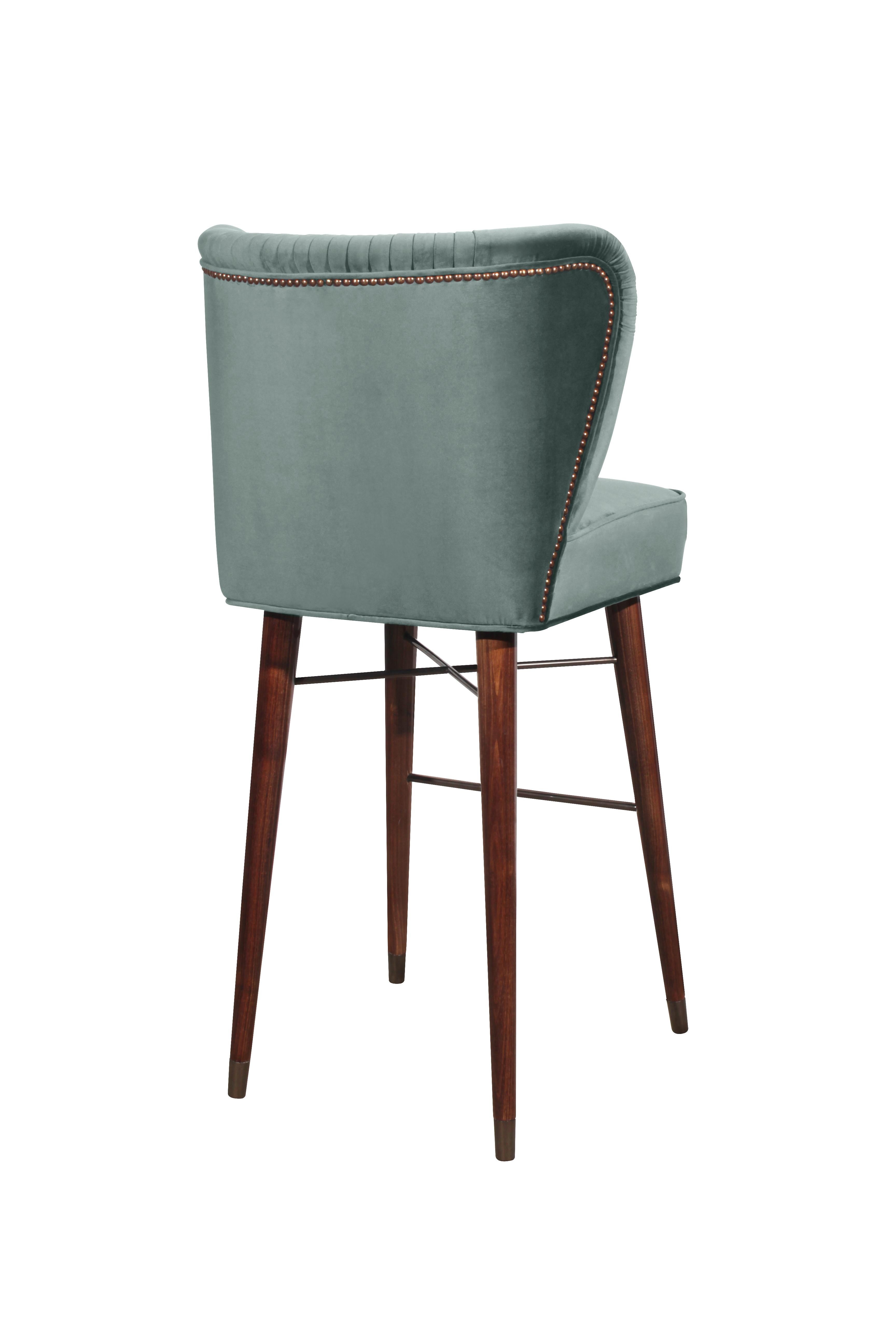 Mid-Century Modern Visconti Bar Chair Walnut Wood Cotton Velvet In New Condition For Sale In RIO TINTO, PT