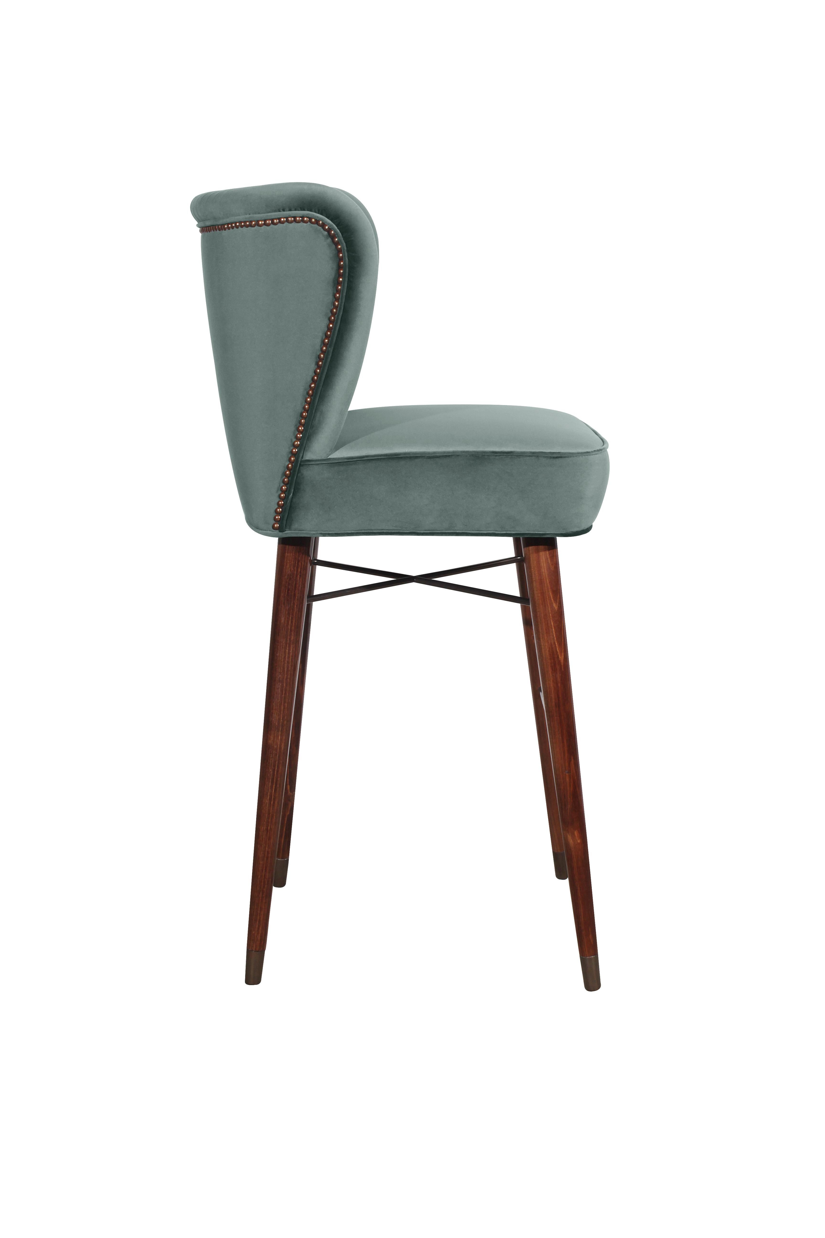 Contemporary Mid-Century Modern Visconti Bar Chair Walnut Wood Cotton Velvet For Sale