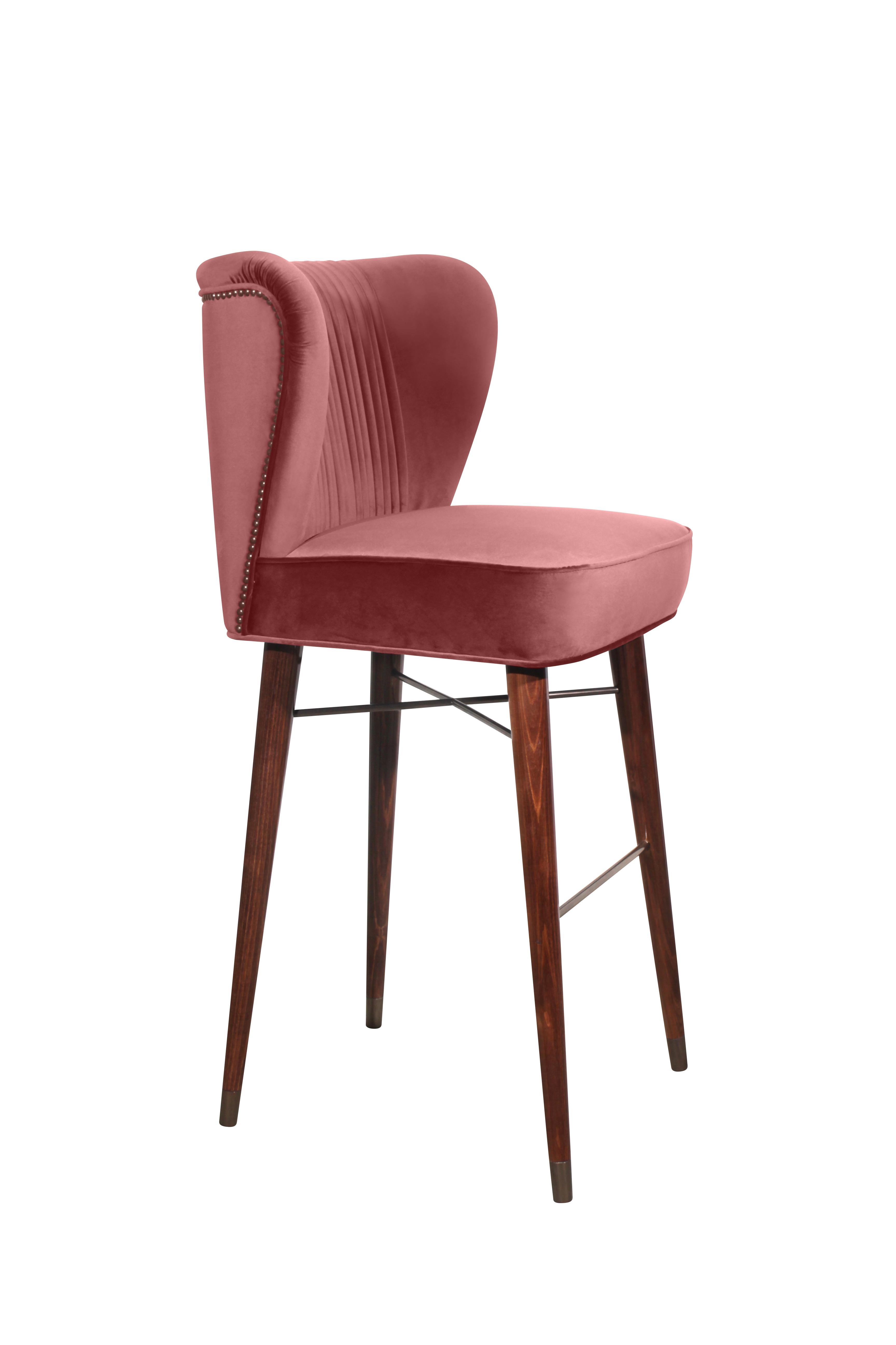 Brass Mid-Century Modern Visconti Bar Chair Walnut Wood Cotton Velvet For Sale