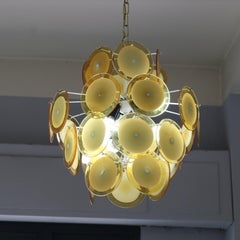 Mid-Century Modern Vistosi Style Yellow Glass Murano Disk Chandelier Italy 1960