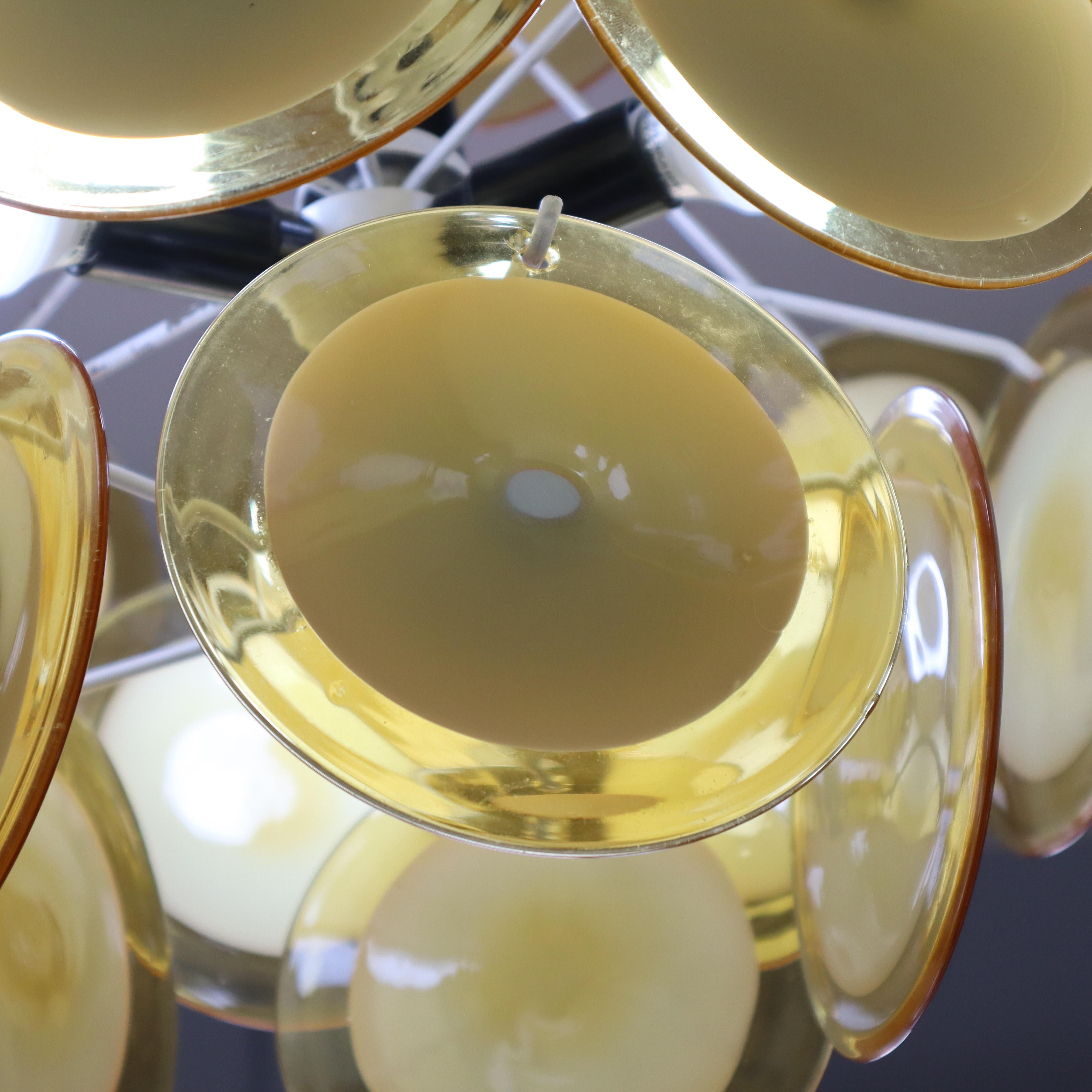 Mid-Century Modern Vistosi Style Yellow Glass Murano Disk Chandelier Italy 1960 In Good Condition For Sale In Nicolosi, IT